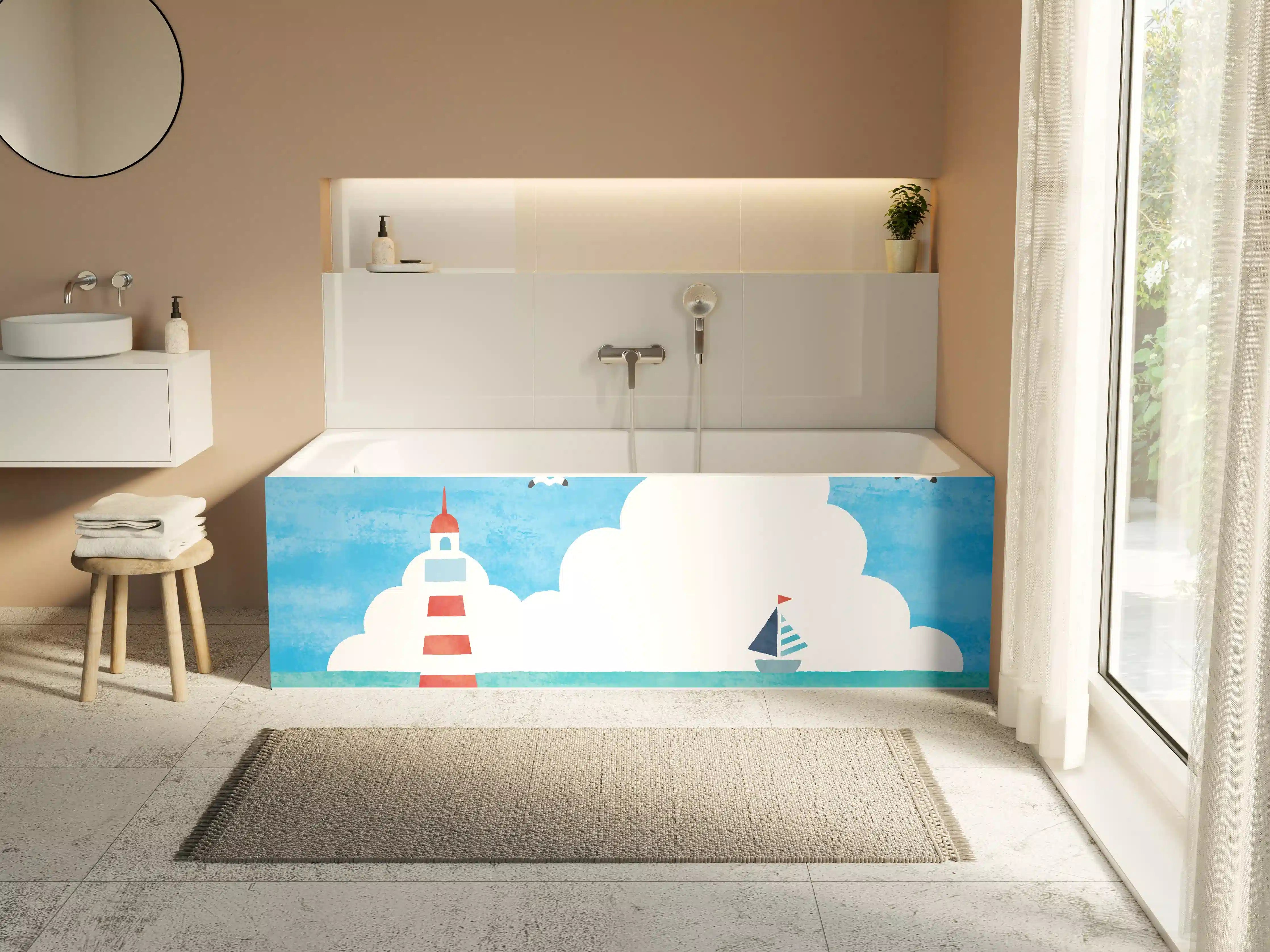 Badewannen-Rückwand - Leuchtturm Aquarell Meer