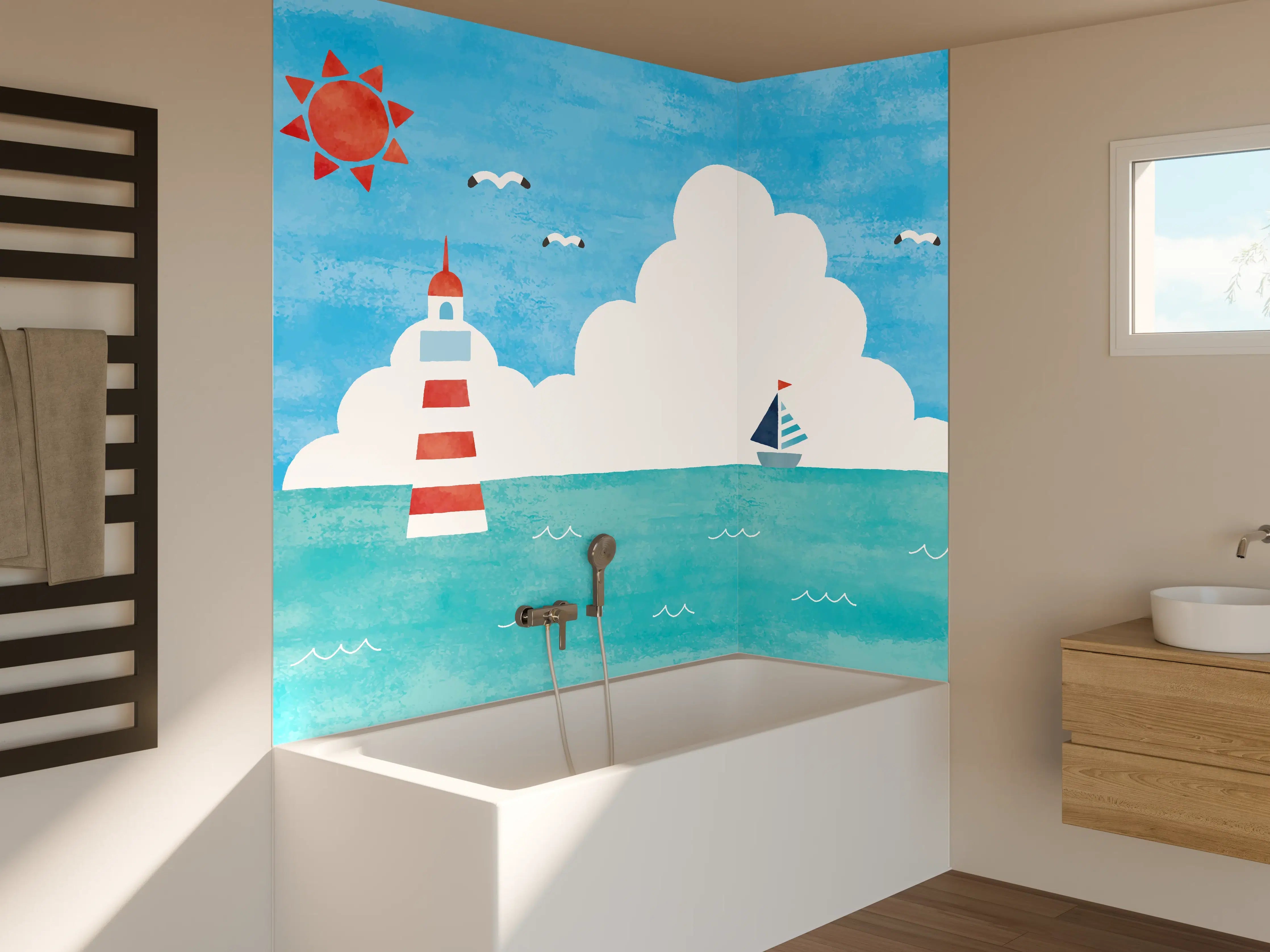 Badewannen-Rückwand - Leuchtturm Aquarell Meer