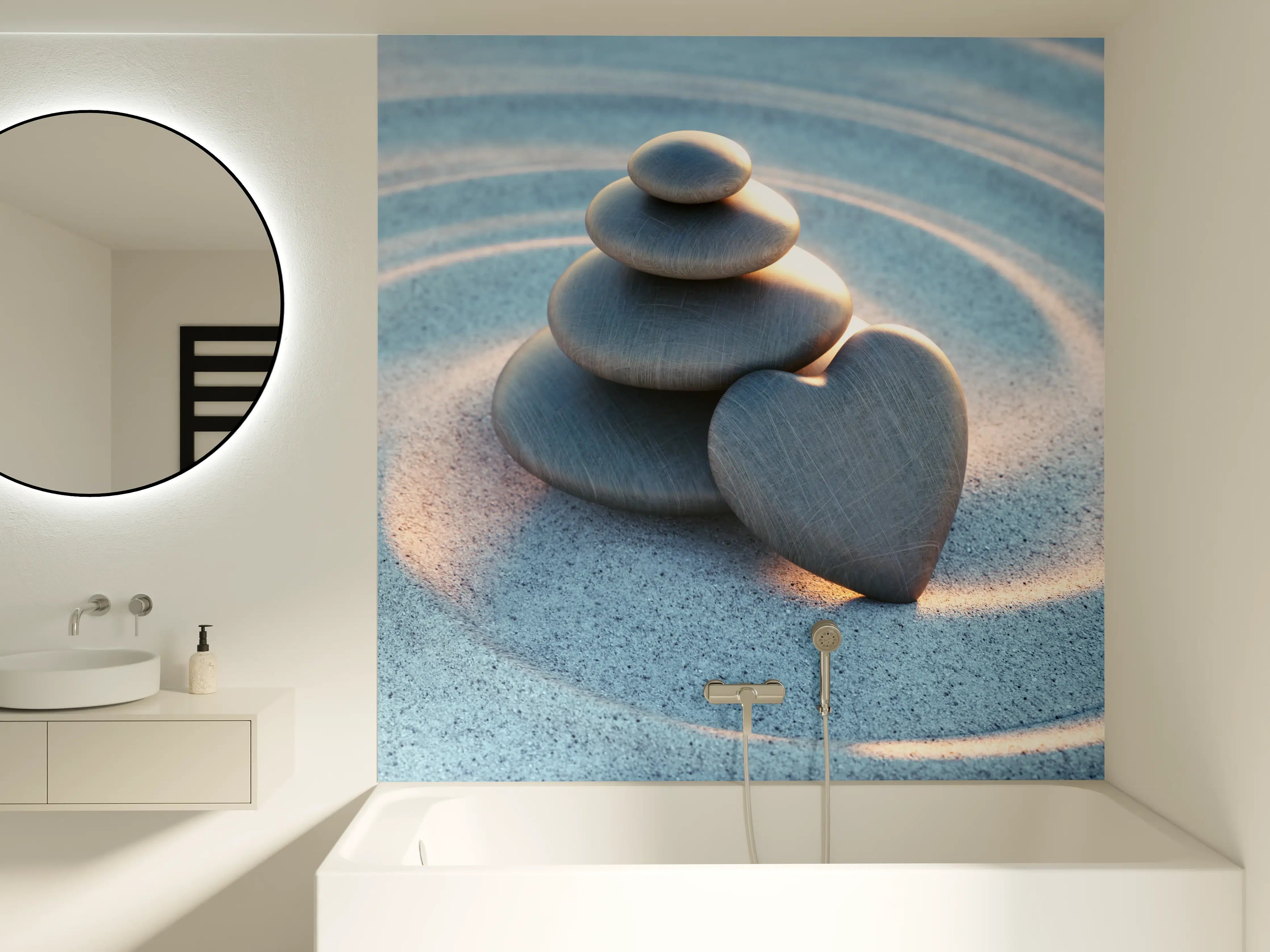 Badewannen-Rückwand - Liebevoller Turm aus Kieselsteinen