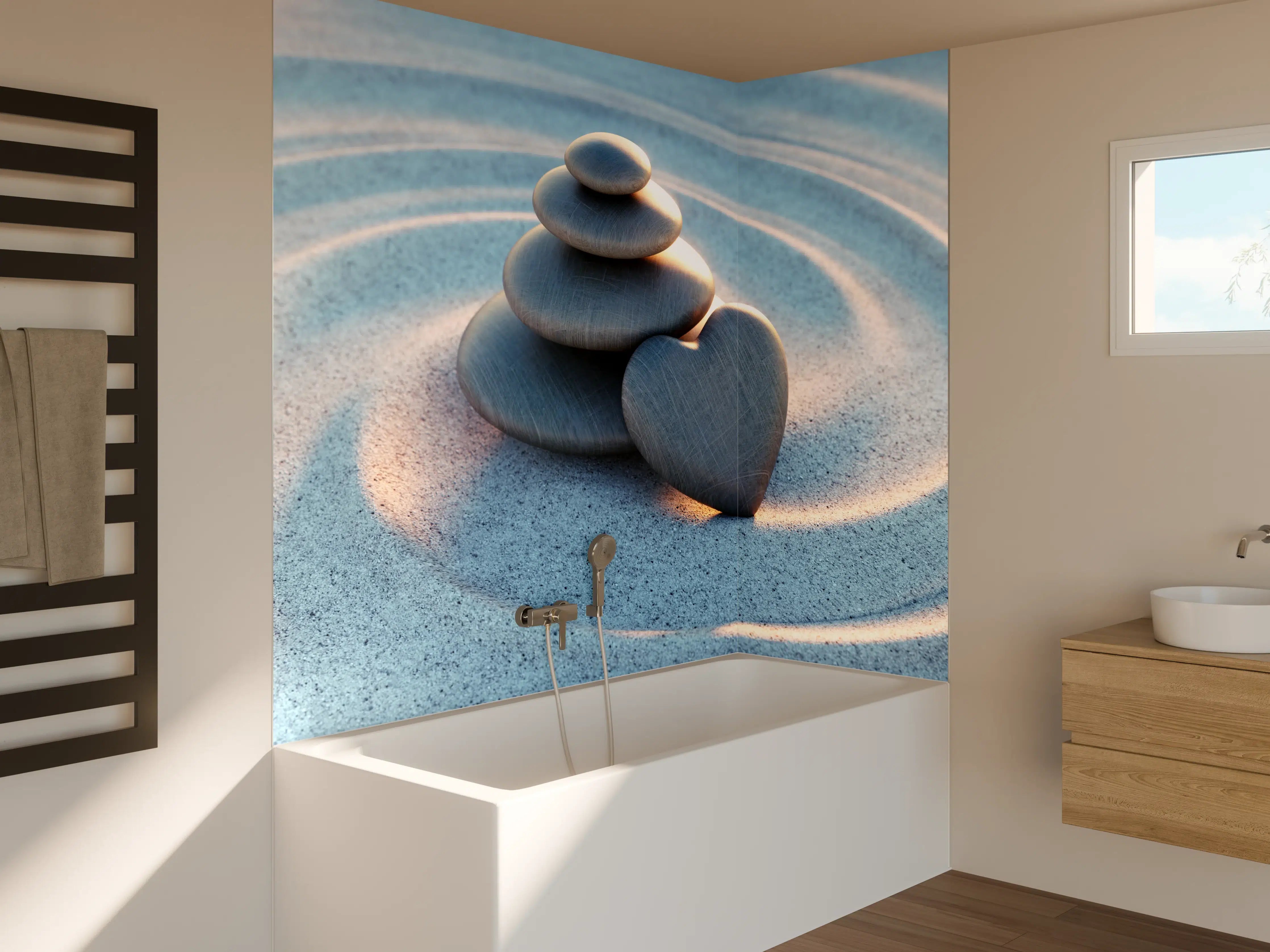 Badewannen-Rückwand - Liebevoller Turm aus Kieselsteinen