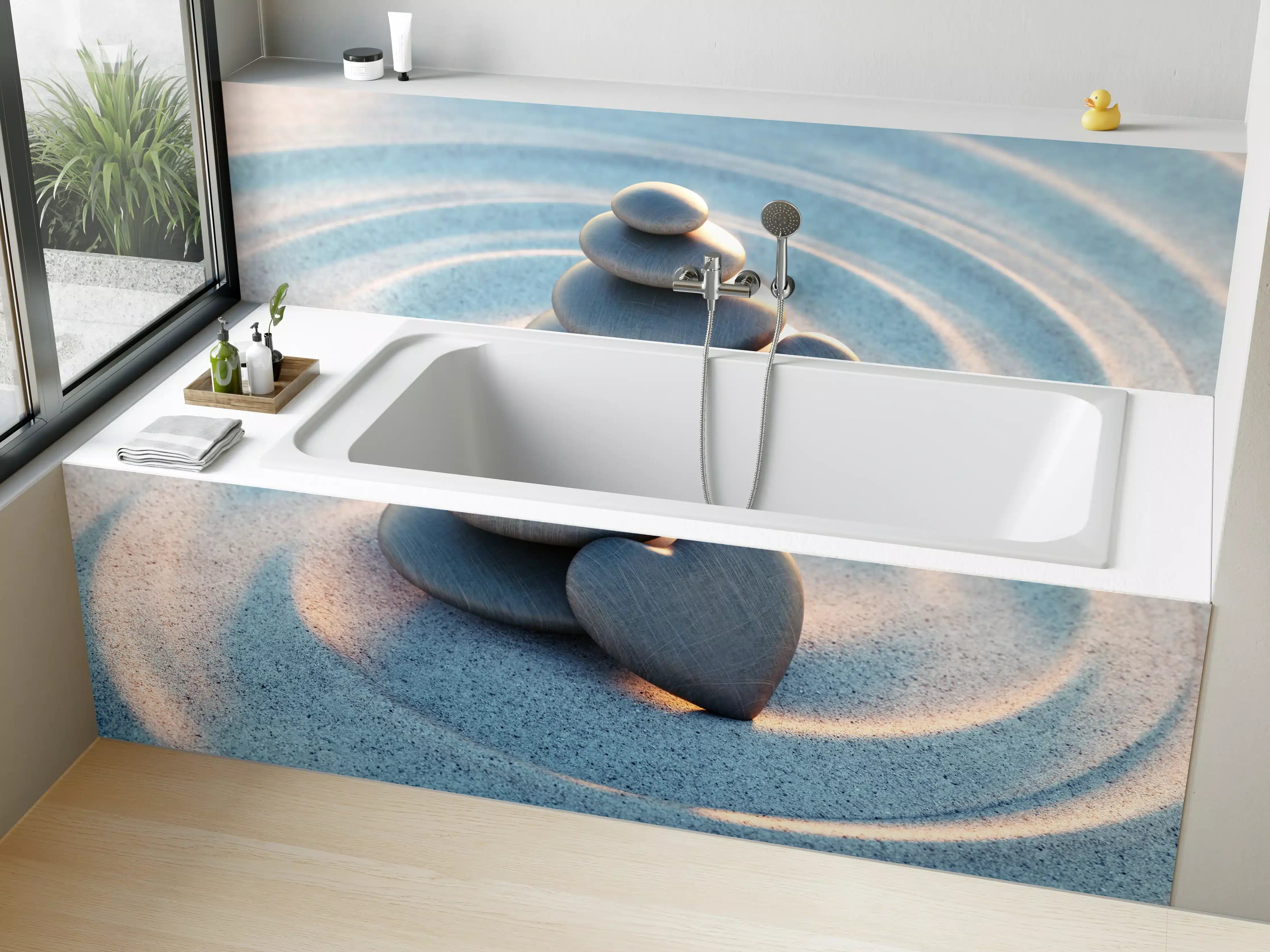 Badewannen-Rückwand - Liebevoller Turm aus Kieselsteinen