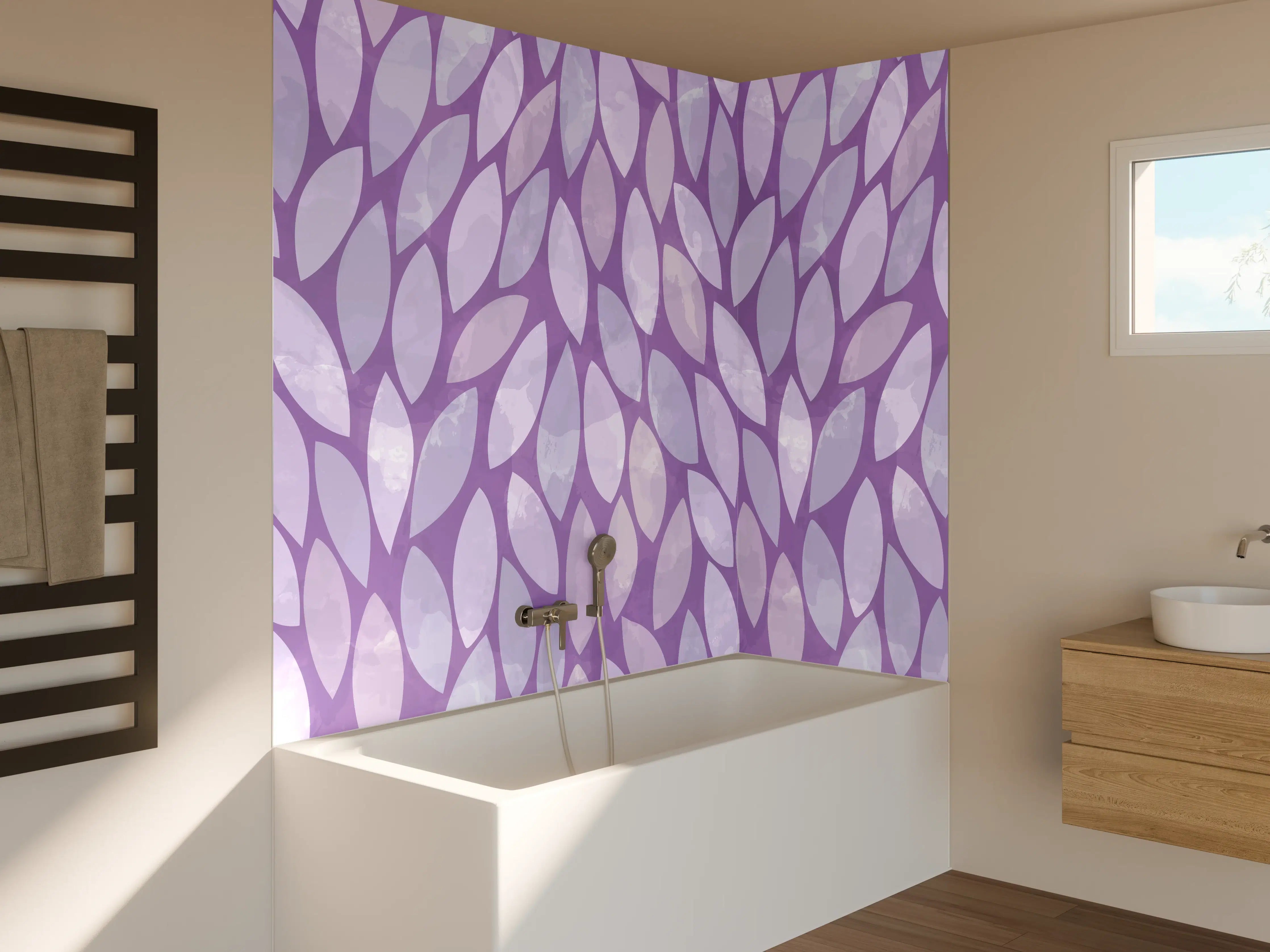 Badewannen-Rückwand - Lila Blättermuster in Wasserfarbenoptik