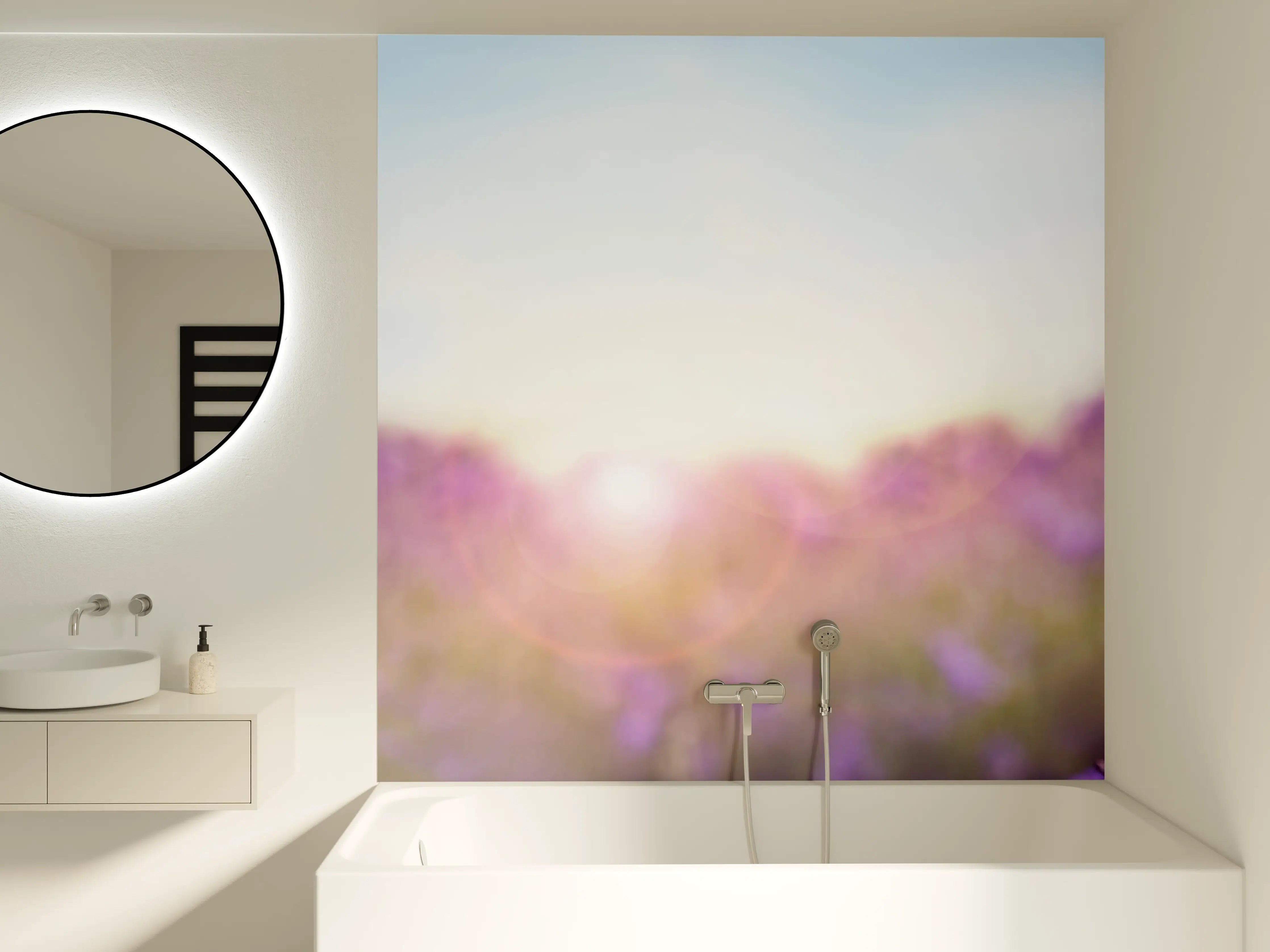 Badewannen-Rückwand - Lila Lavendelfeld im Morgenlicht