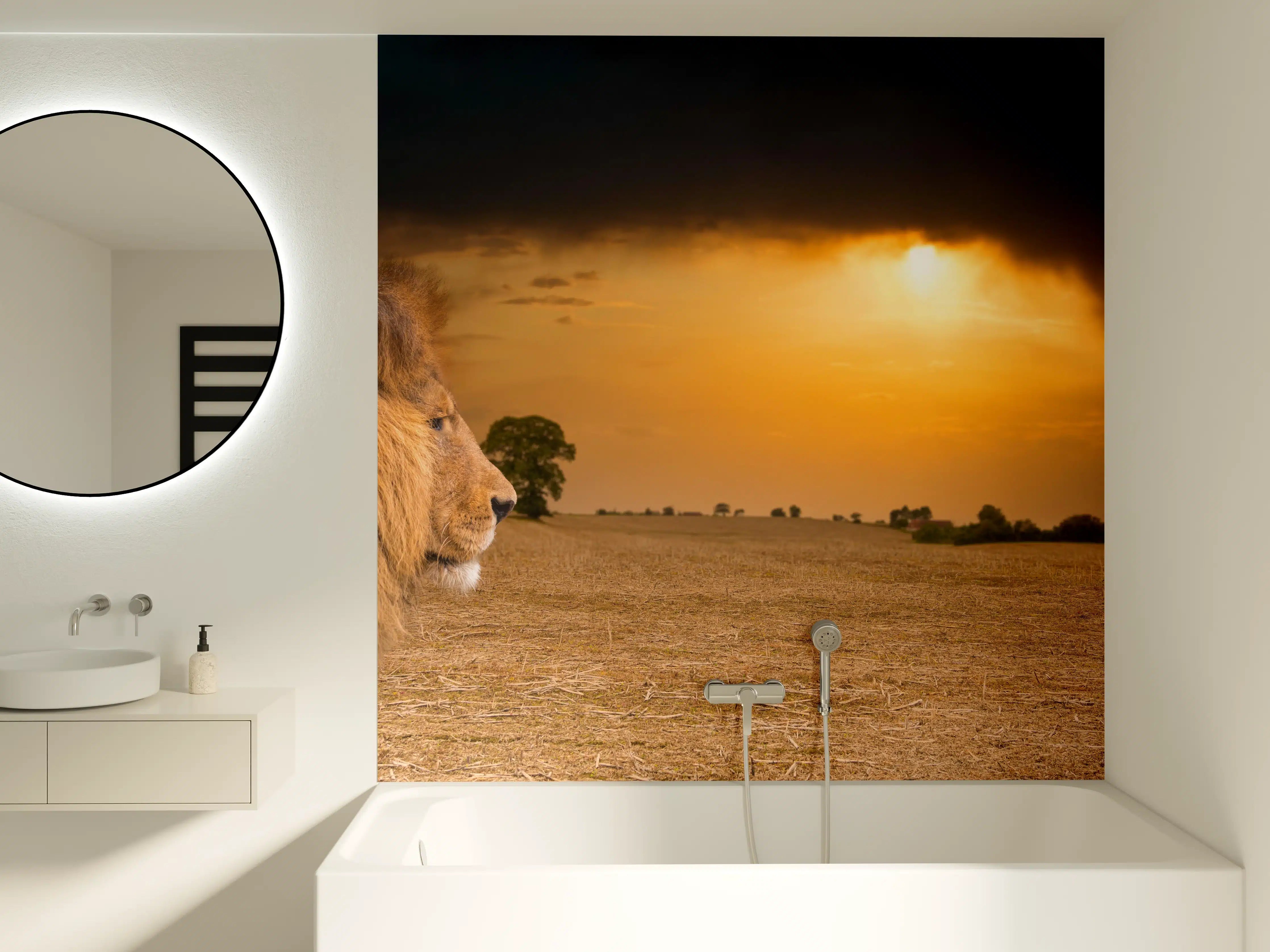 Badewannen-Rückwand - Löwe in Steppe im Sonnenuntergang