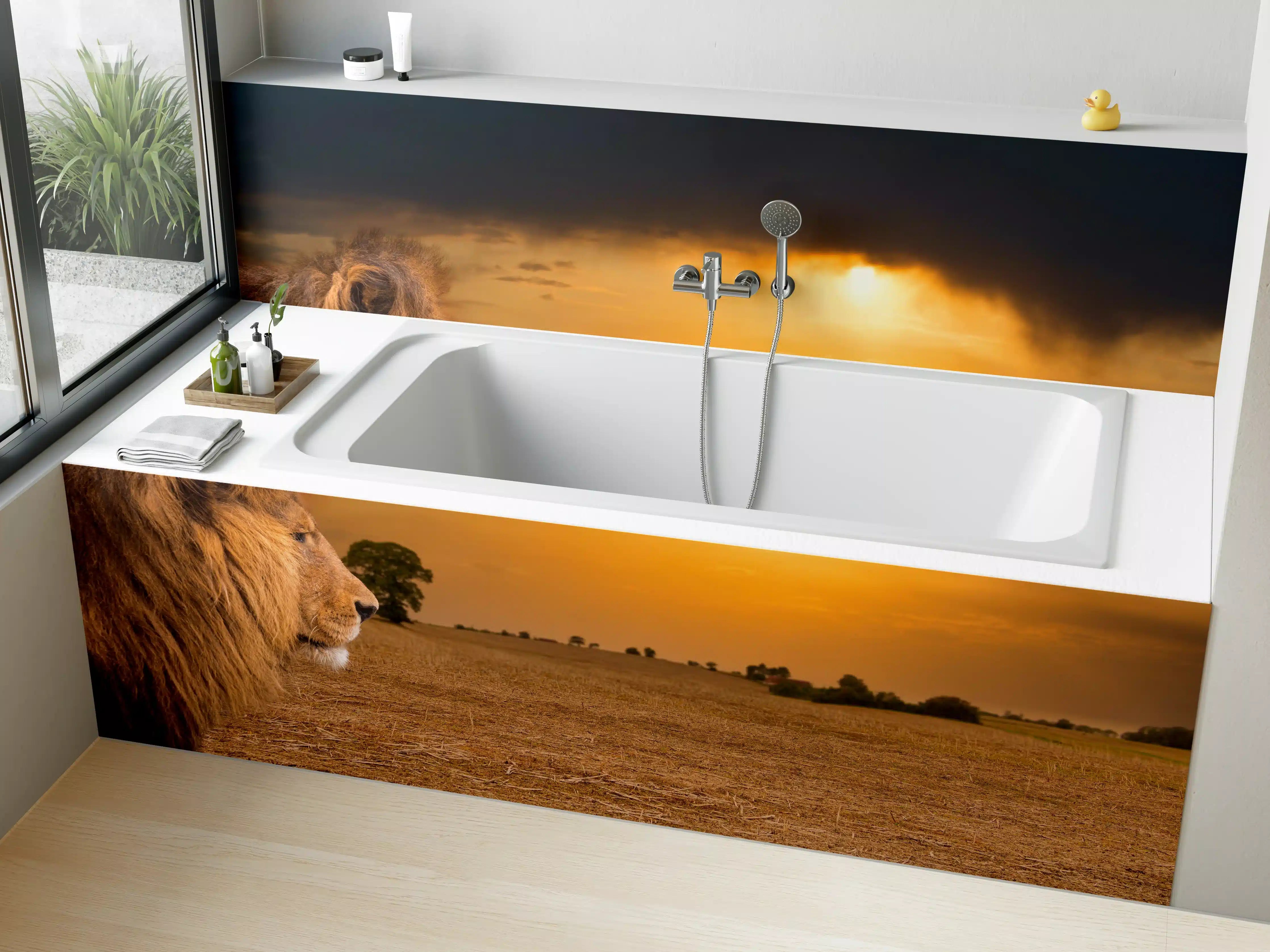 Badewannen-Rückwand - Löwe in Steppe im Sonnenuntergang