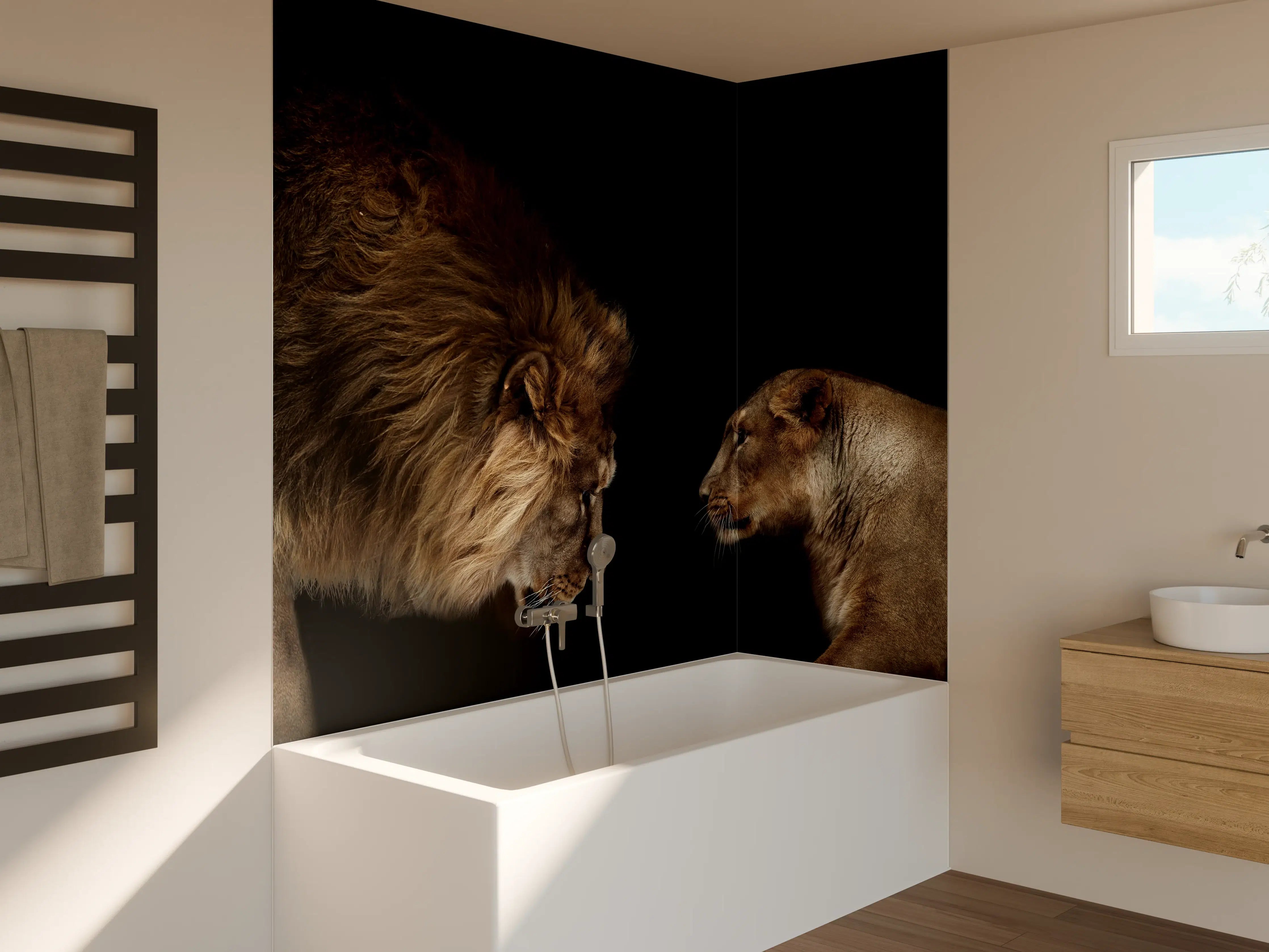 Badewannen-Rückwand - Löwe und Löwin gegenüber - Porträt