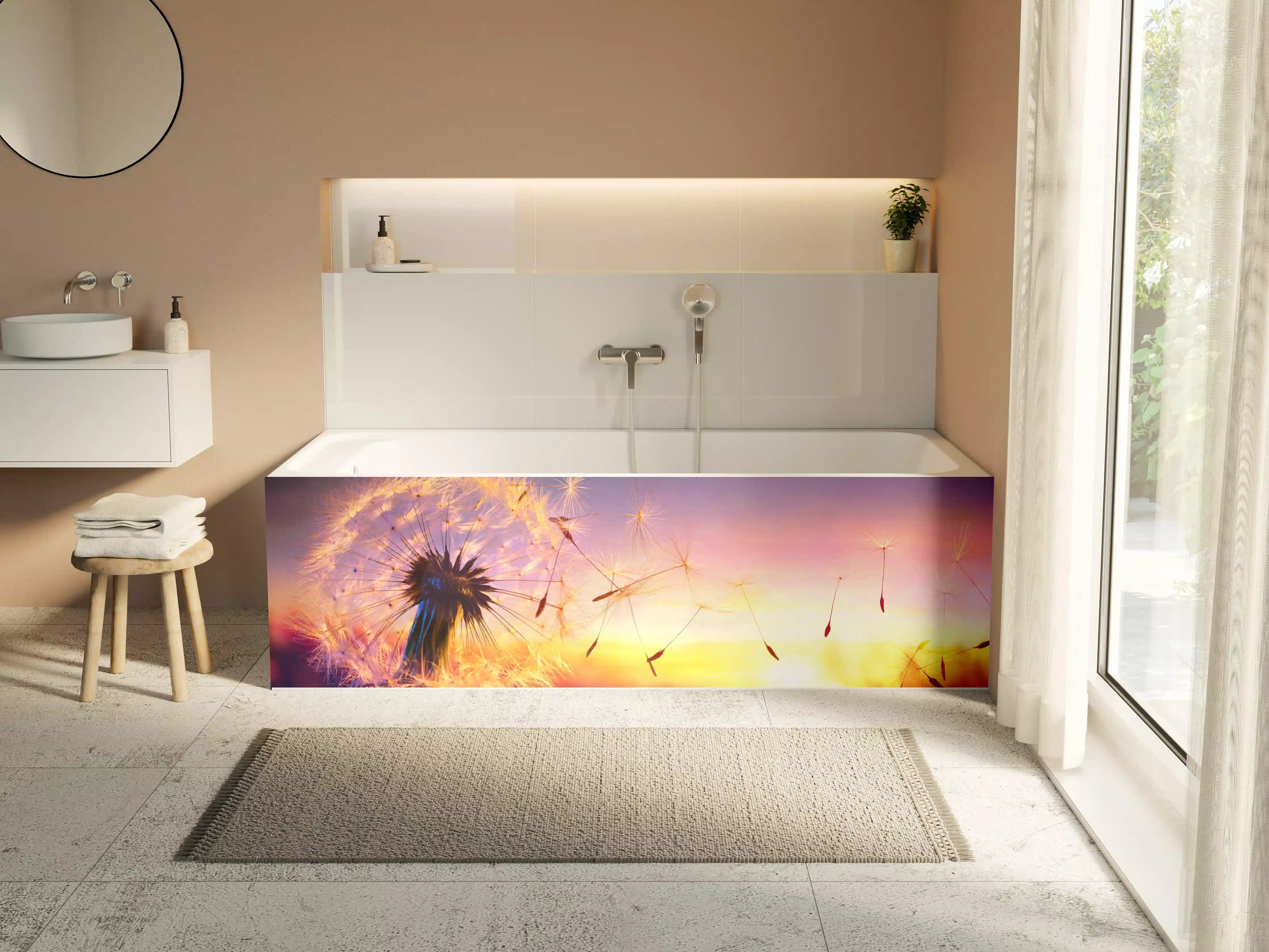 Badewannen-Rückwand - Löwenzahn im Wind bei Sonnenuntergang