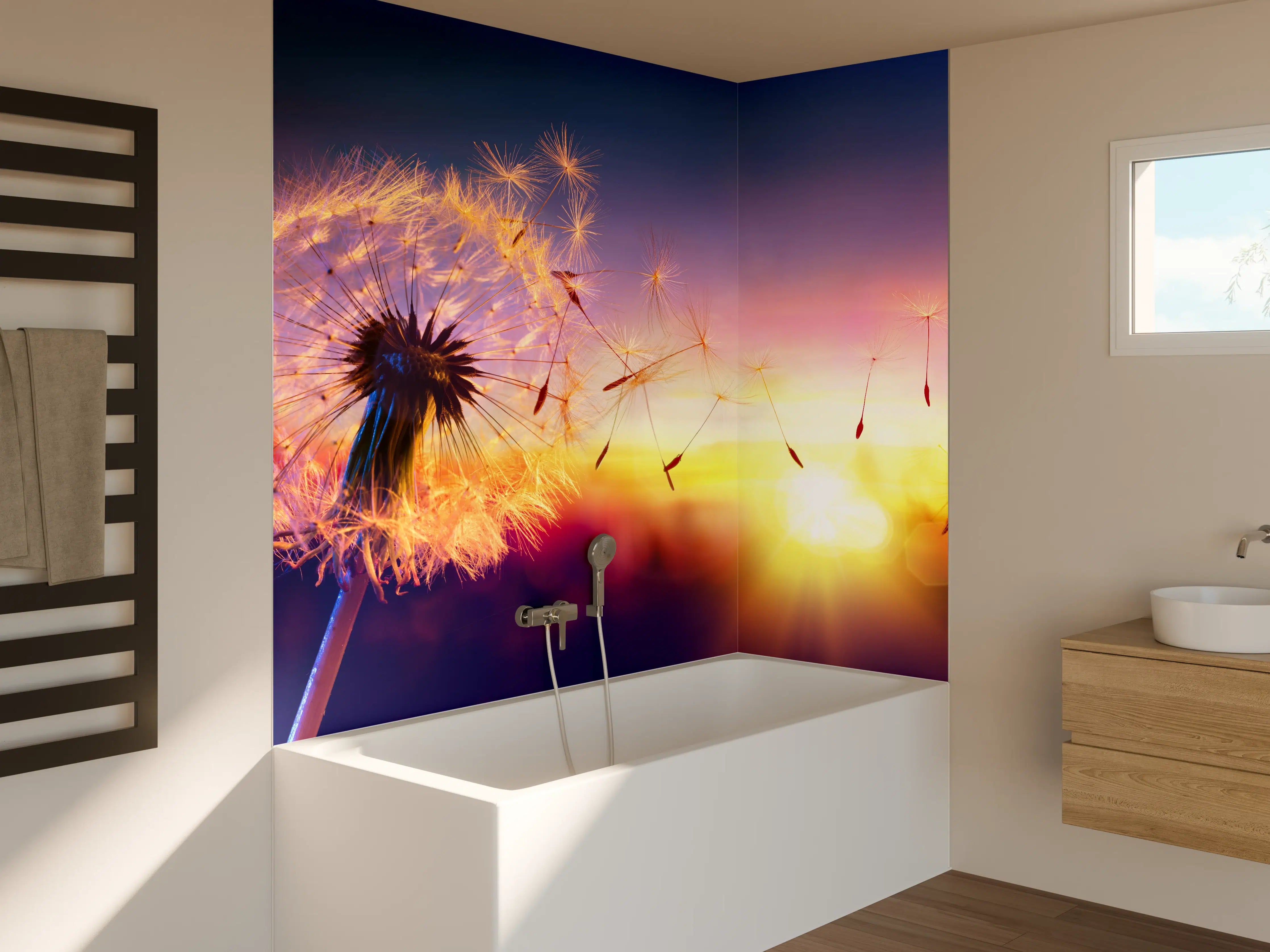 Badewannen-Rückwand - Löwenzahn im Wind bei Sonnenuntergang