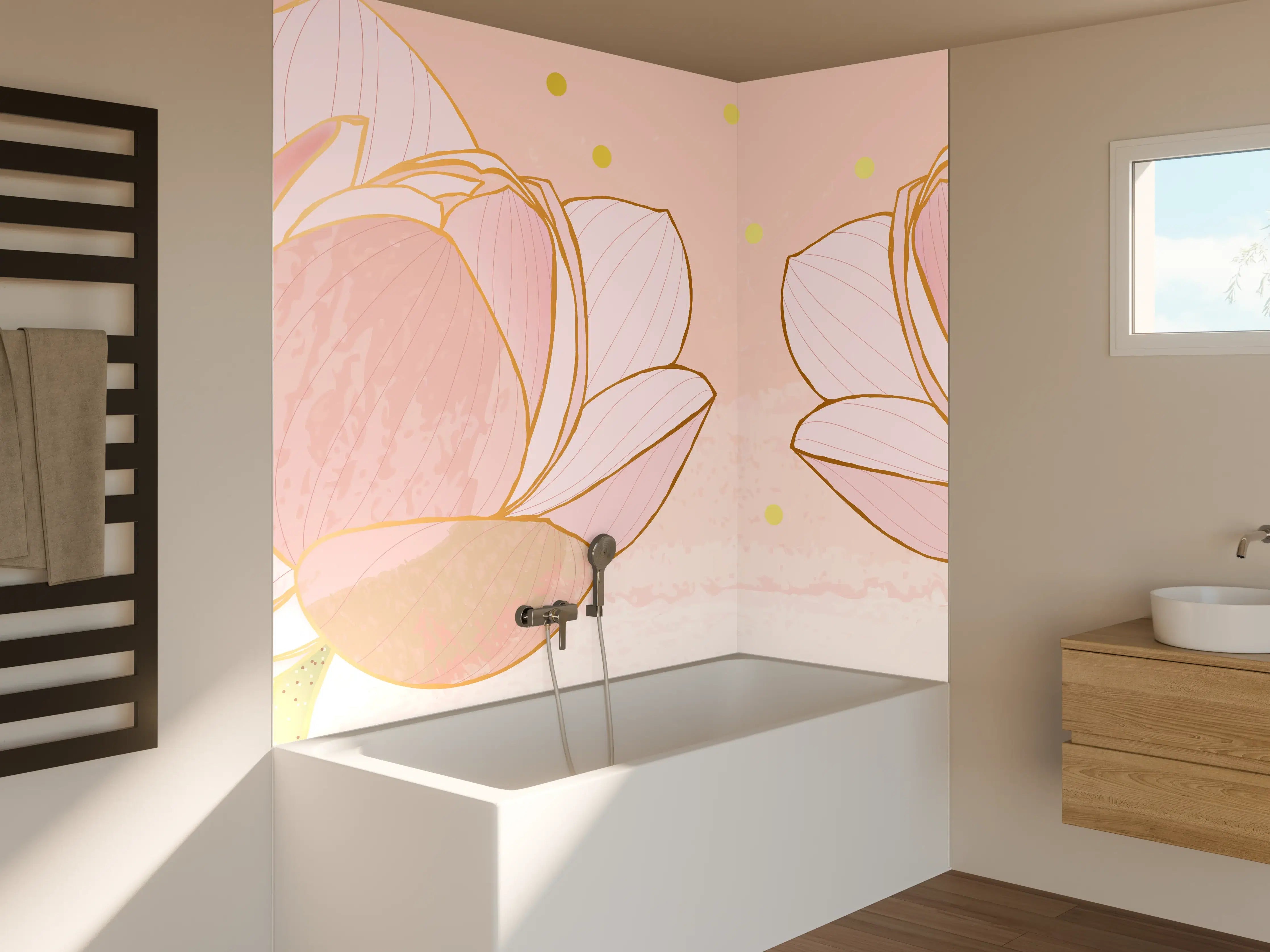 Badewannen-Rückwand - Lotusblüte Rosa Gold Akzente