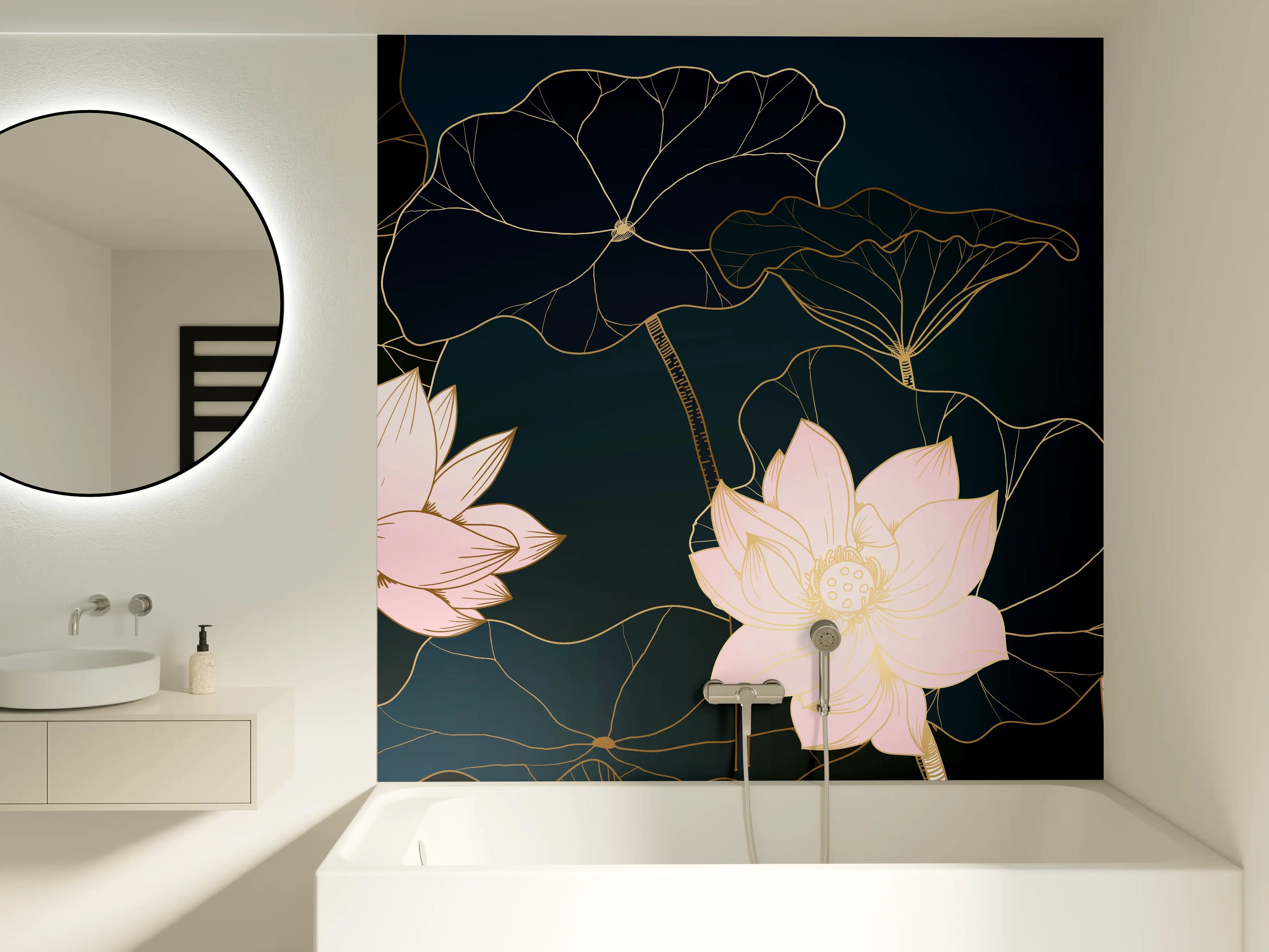 Badewannen-Rückwand - Lotusblüten Nachtblau Illustration