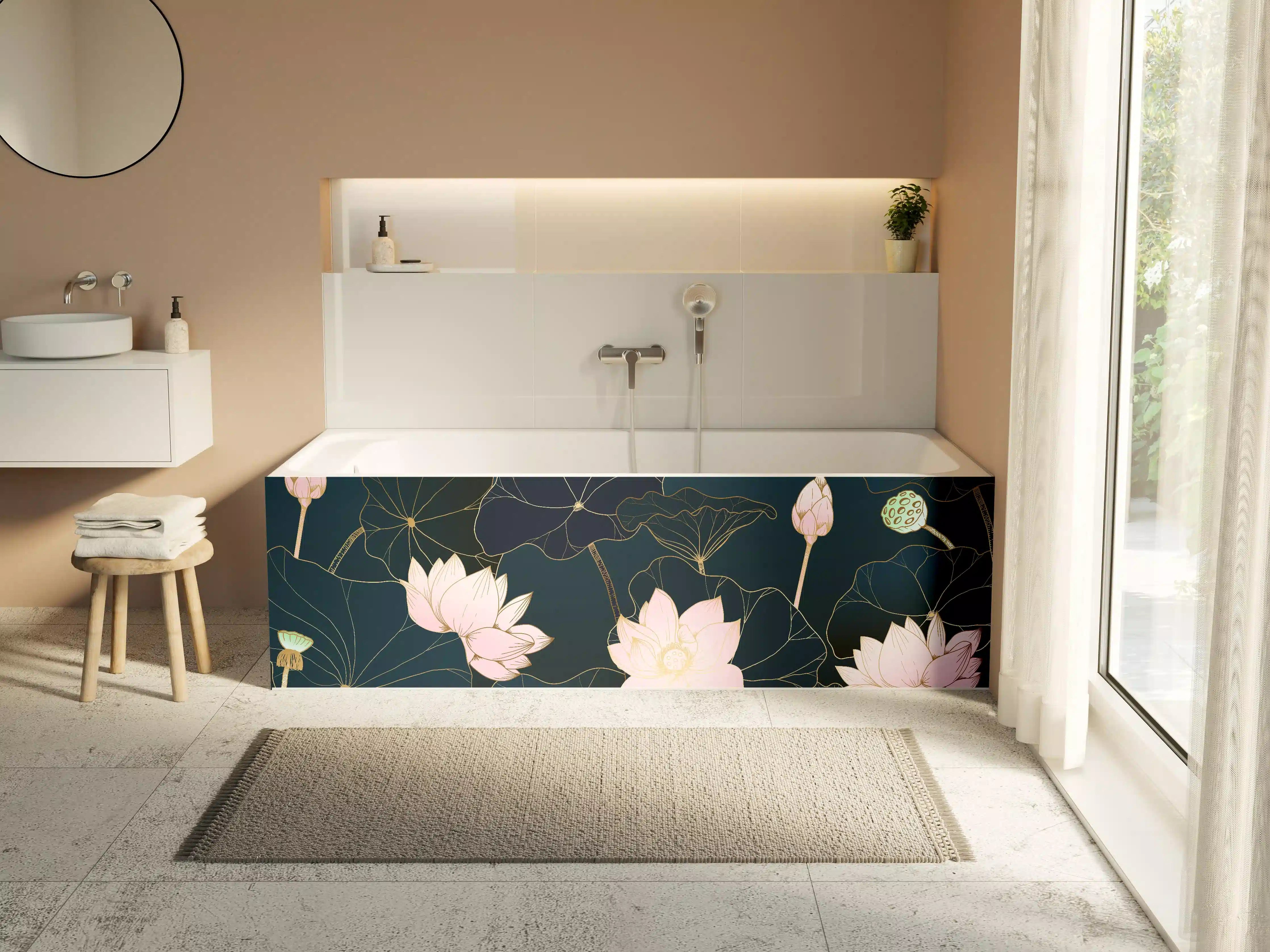 Badewannen-Rückwand - Lotusblüten Nachtblau Illustration