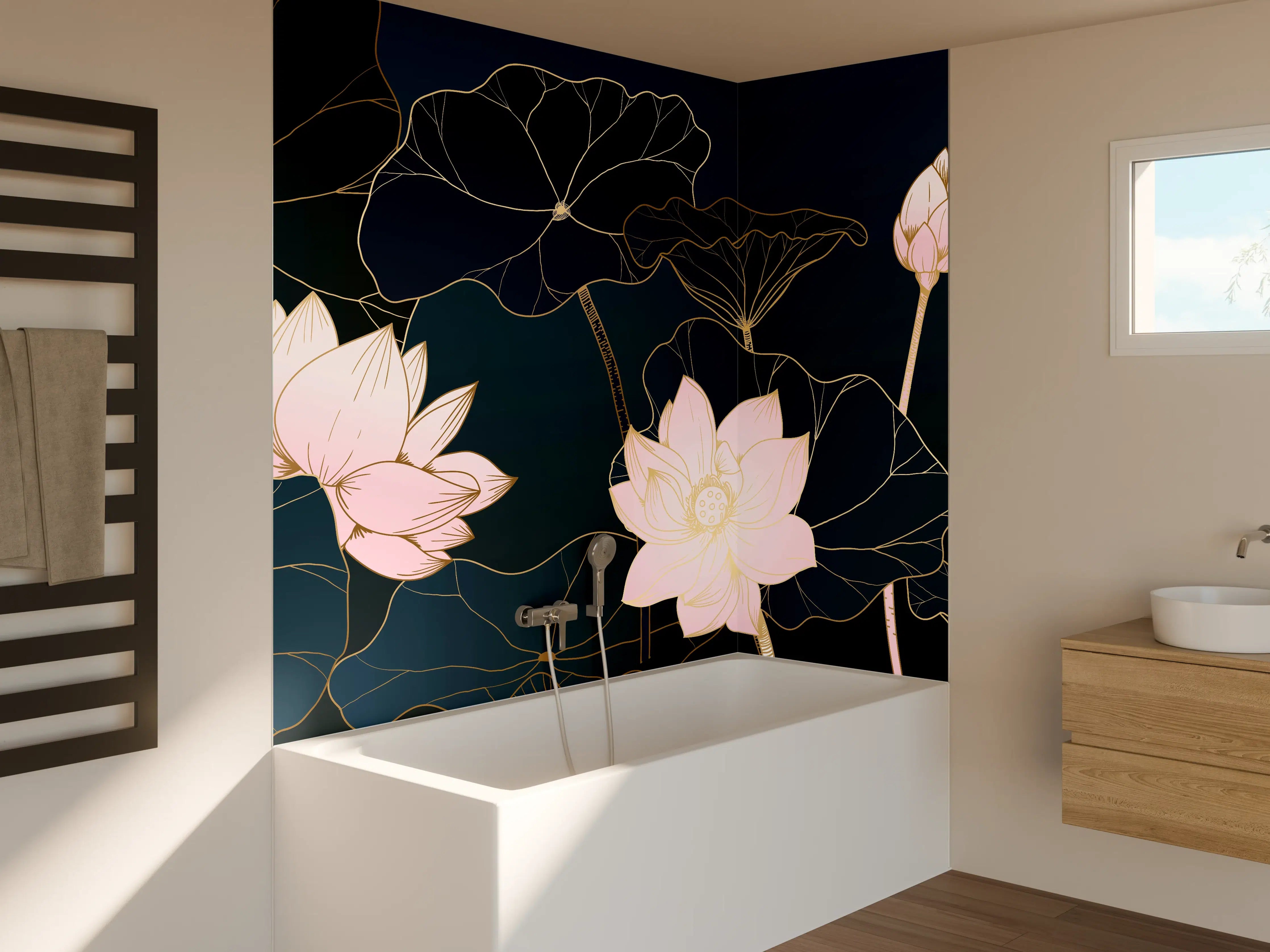 Badewannen-Rückwand - Lotusblüten Nachtblau Illustration