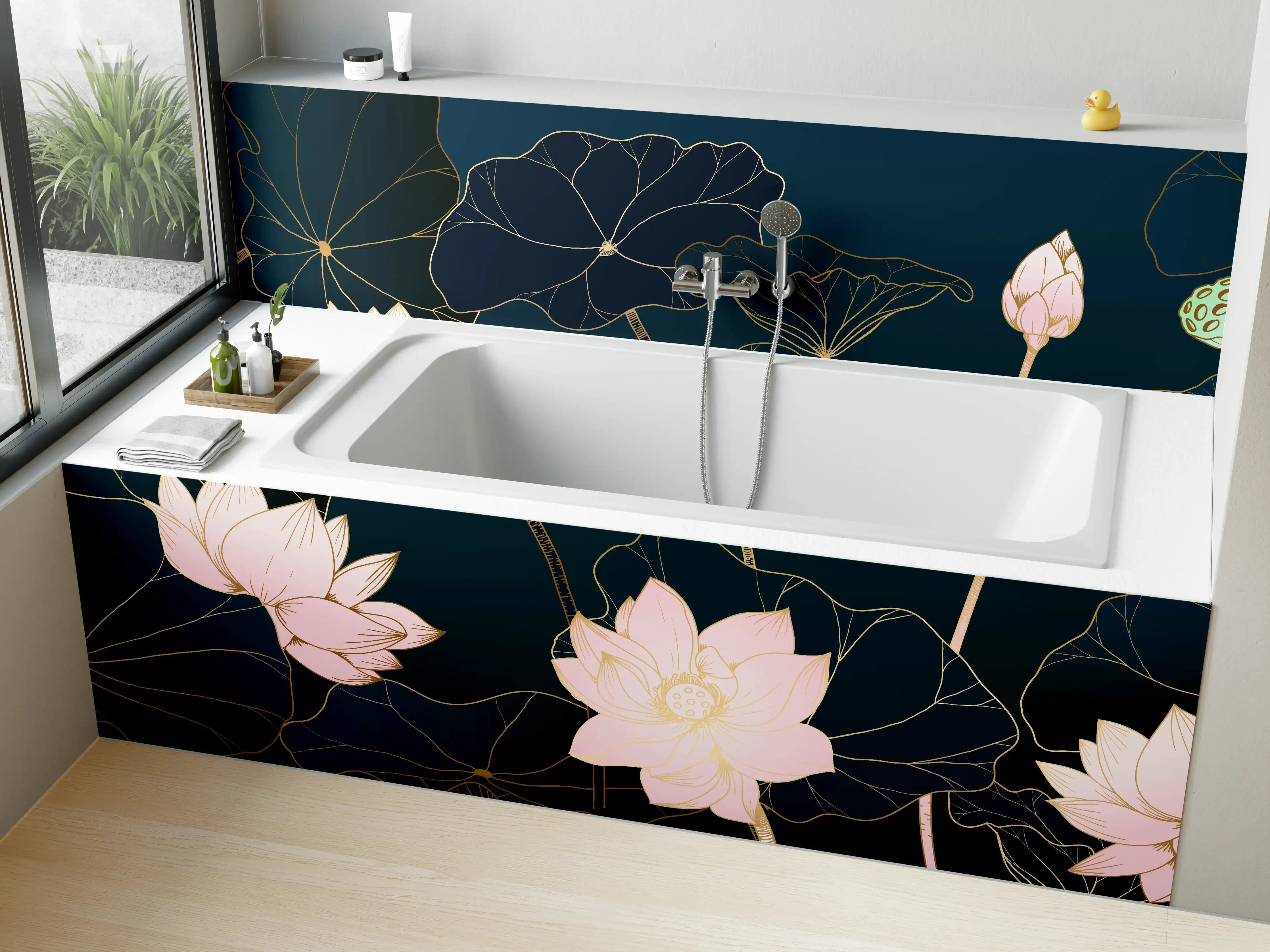 Badewannen-Rückwand - Lotusblüten Nachtblau Illustration