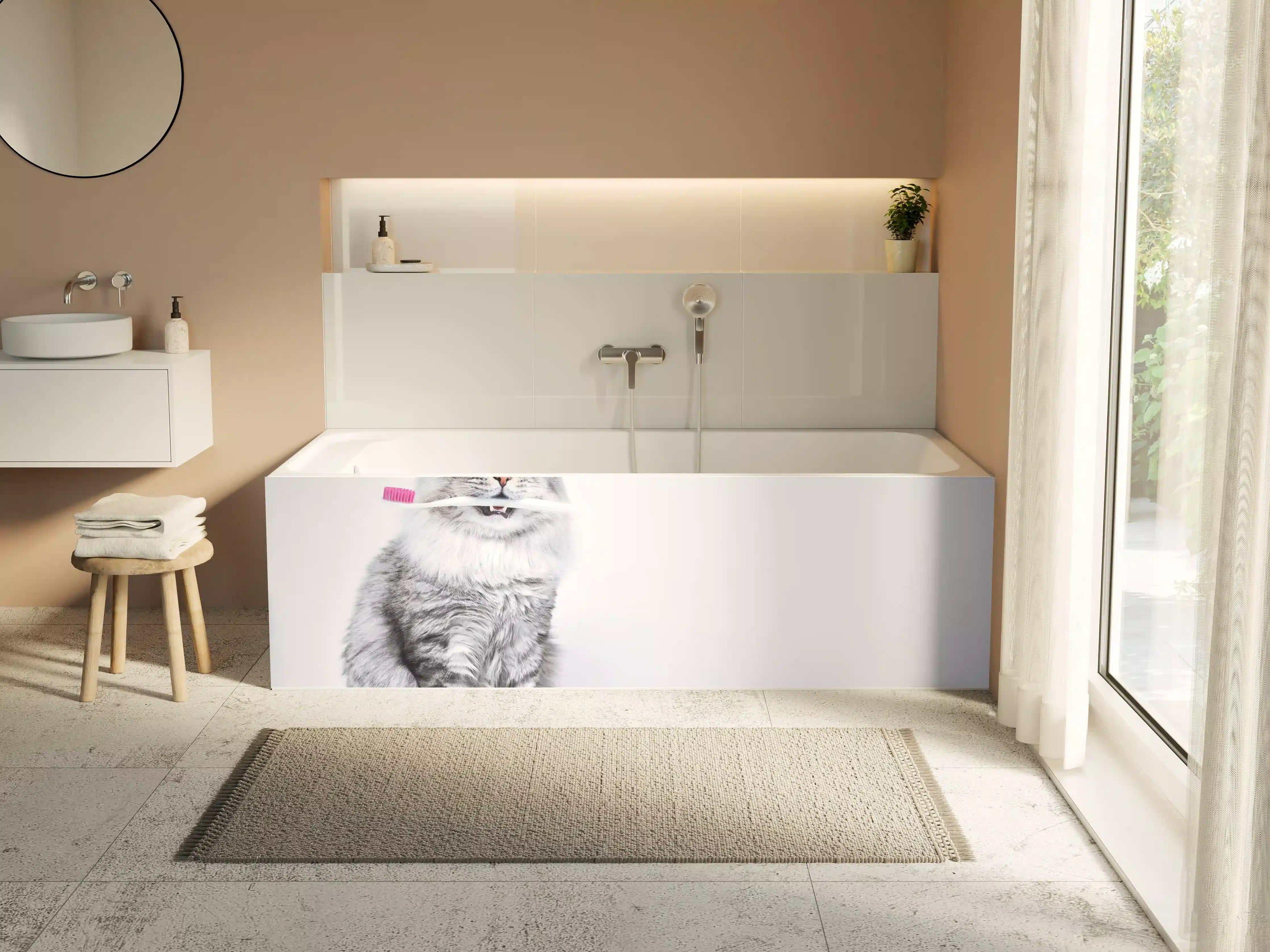 Badewannen-Rückwand - Lustige Katze mit Zahnbürste