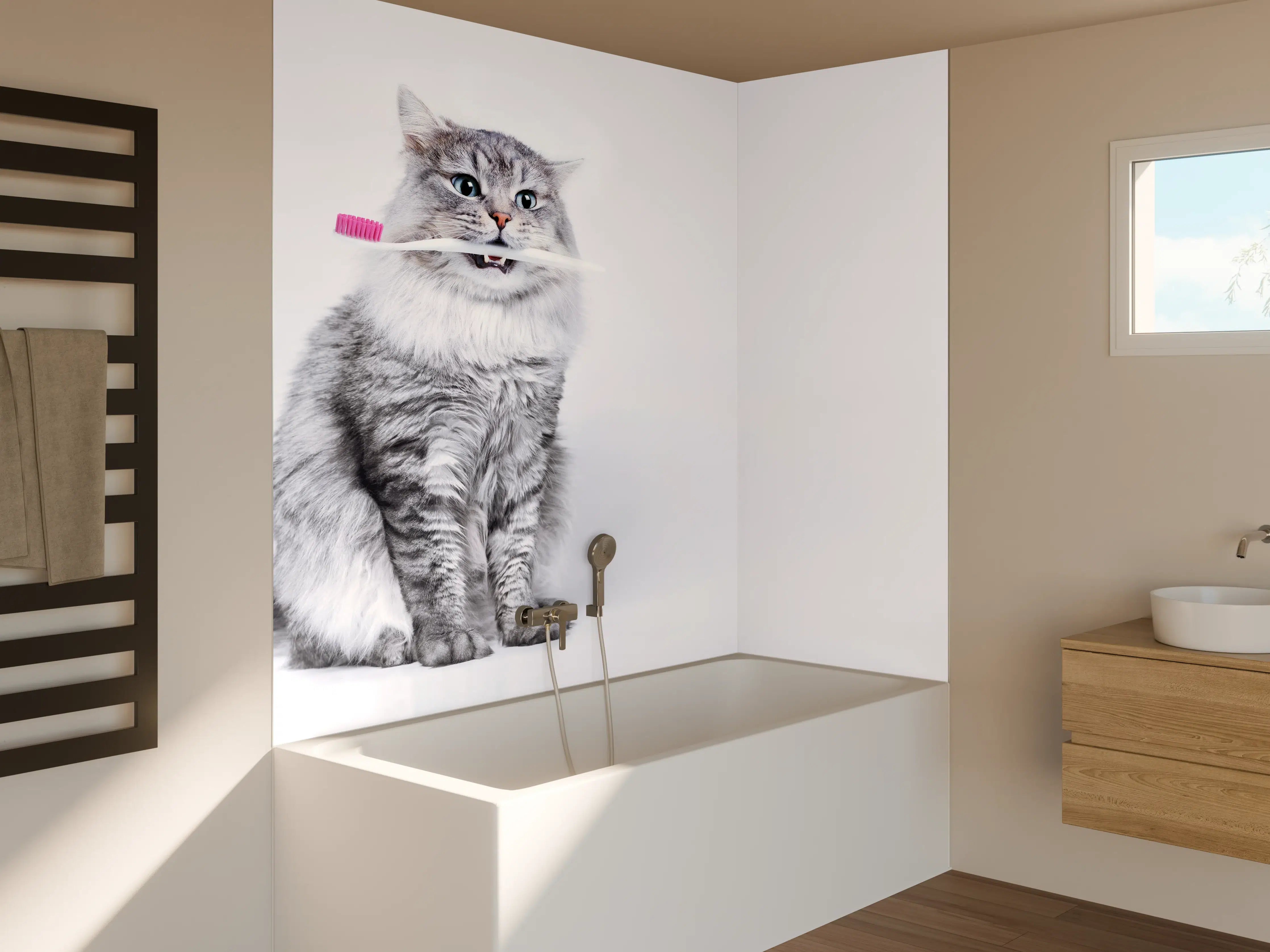 Badewannen-Rückwand - Lustige Katze mit Zahnbürste