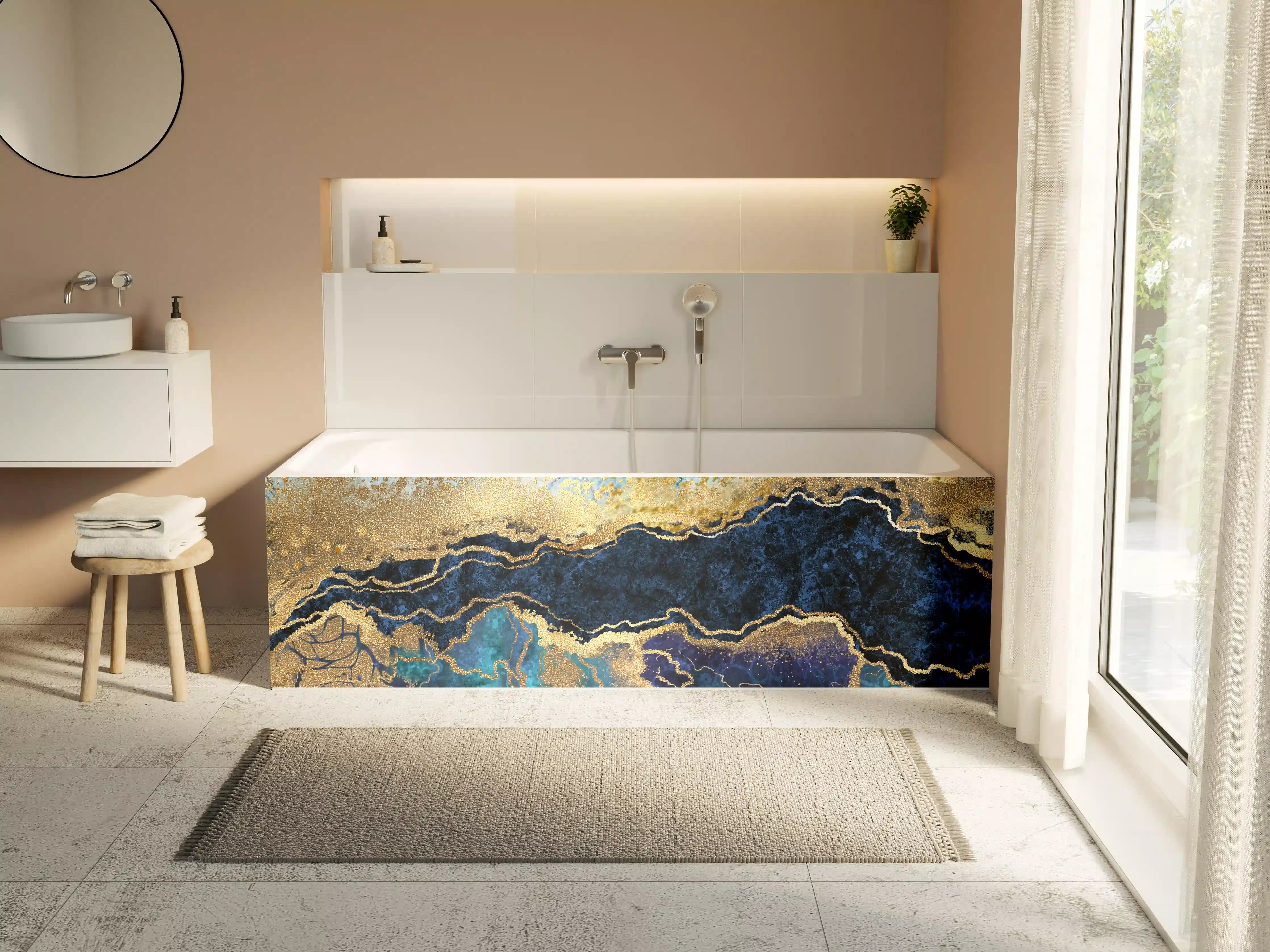 Badewannen-Rückwand - Luxuriöse Gold-Blau-Textur mit maritimen Akzenten