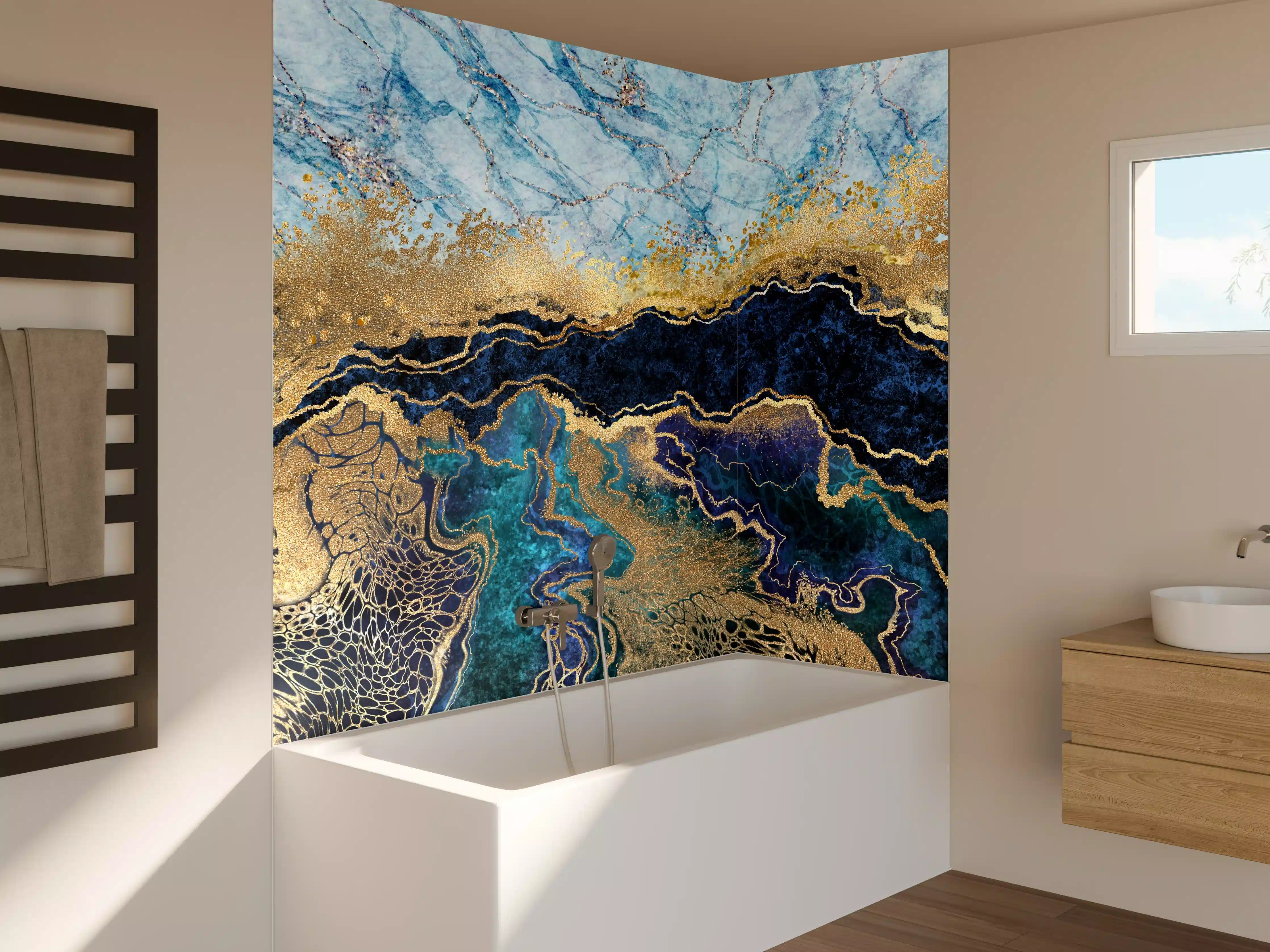 Badewannen-Rückwand - Luxuriöse Gold-Blau-Textur mit maritimen Akzenten