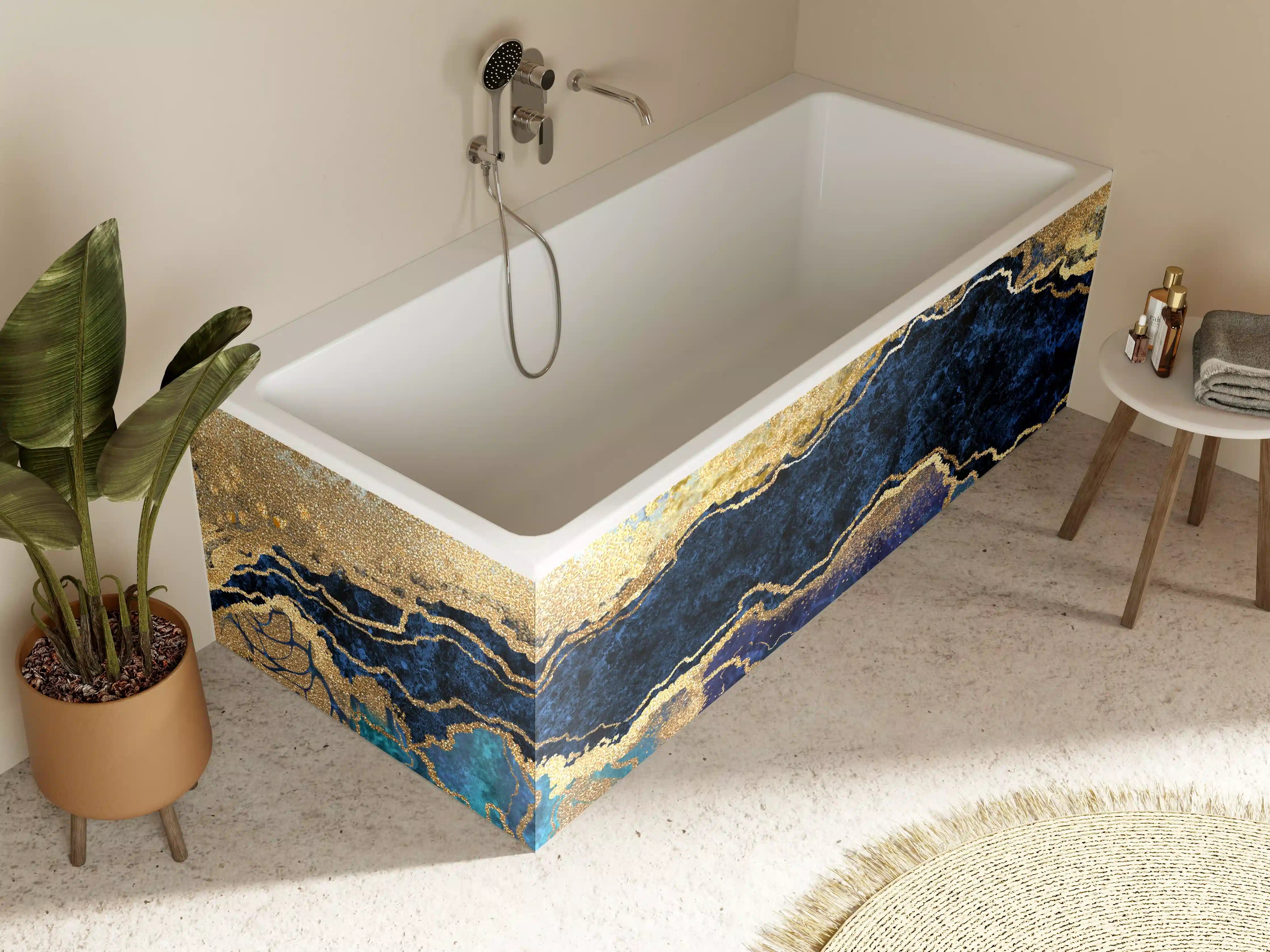 Badewannen-Rückwand - Luxuriöse Gold-Blau-Textur mit maritimen Akzenten