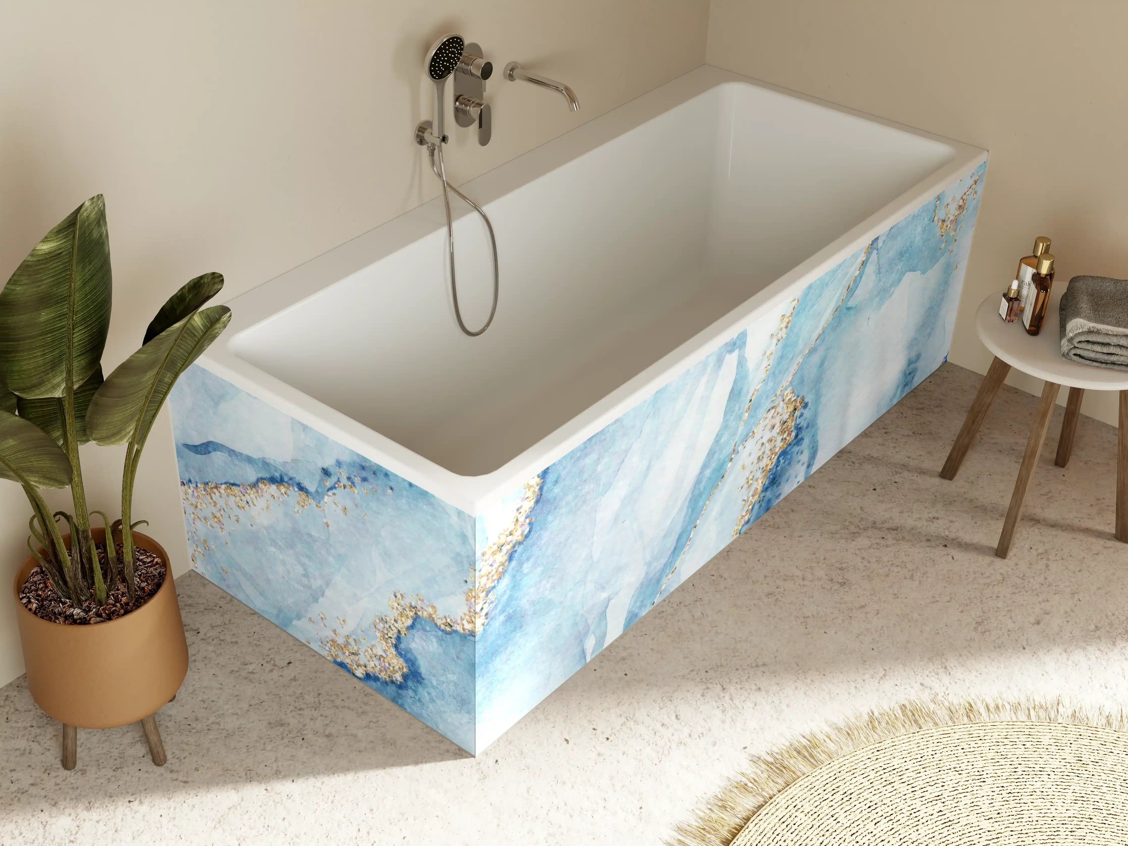 Badewannen-Rückwand - Luxuriöse blaue Marmor-Textur mit goldenen Akzenten