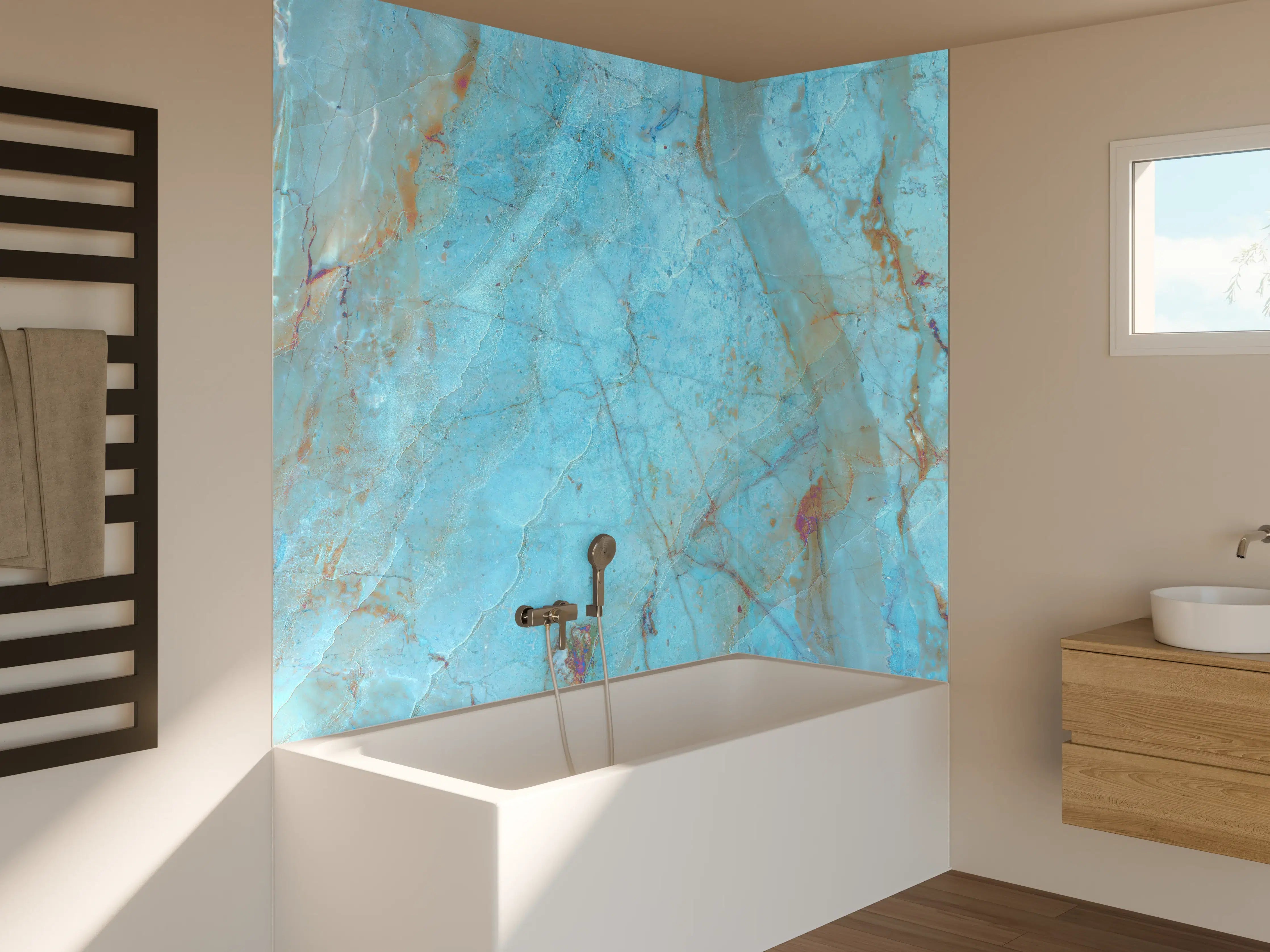Badewannen-Rückwand - Luxuriöser Onyxmarmor in Aqua Tone