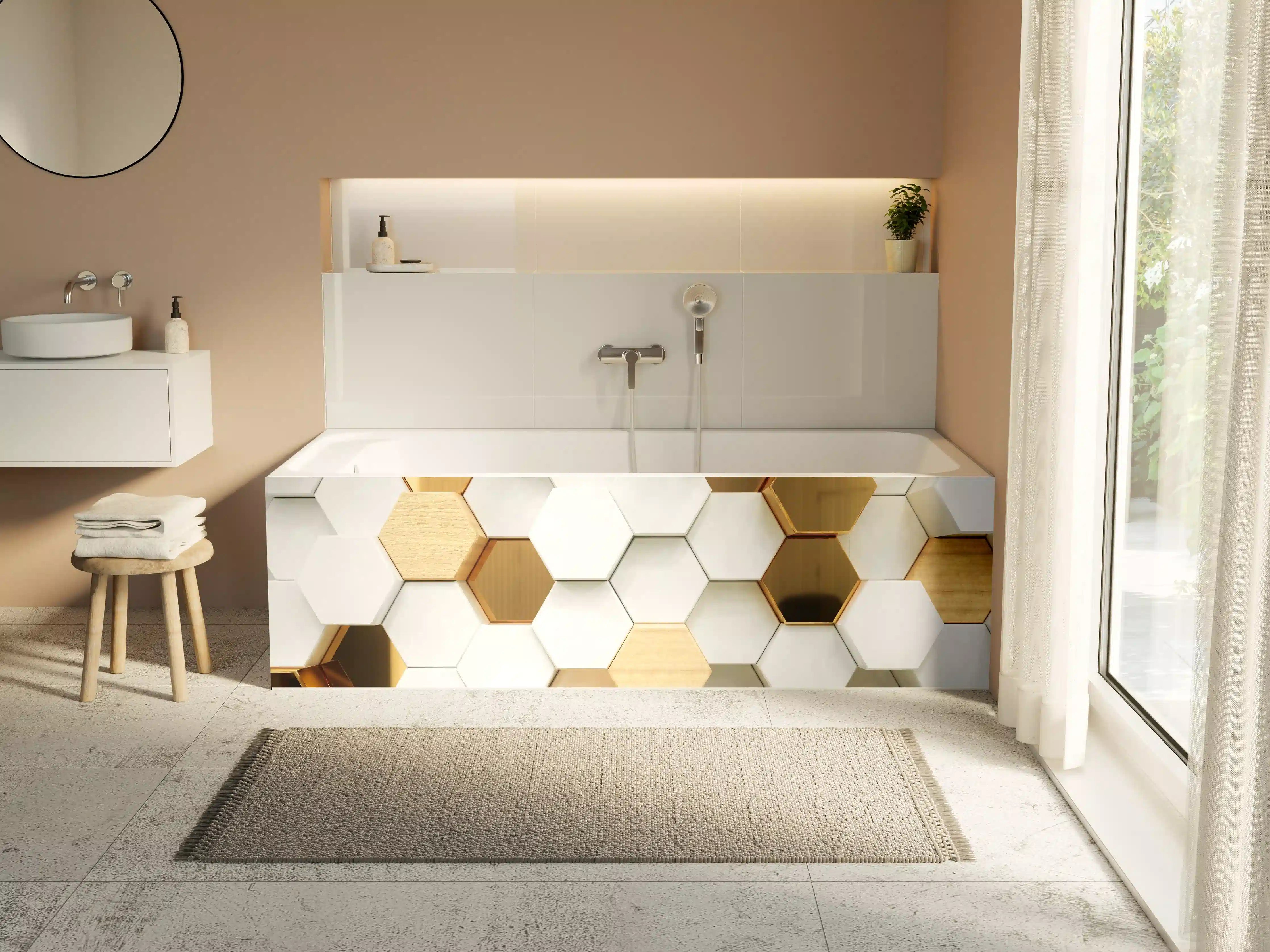 Badewannen-Rückwand - Luxuriöser Weiß-Gold-Hexagon-Hintergrund