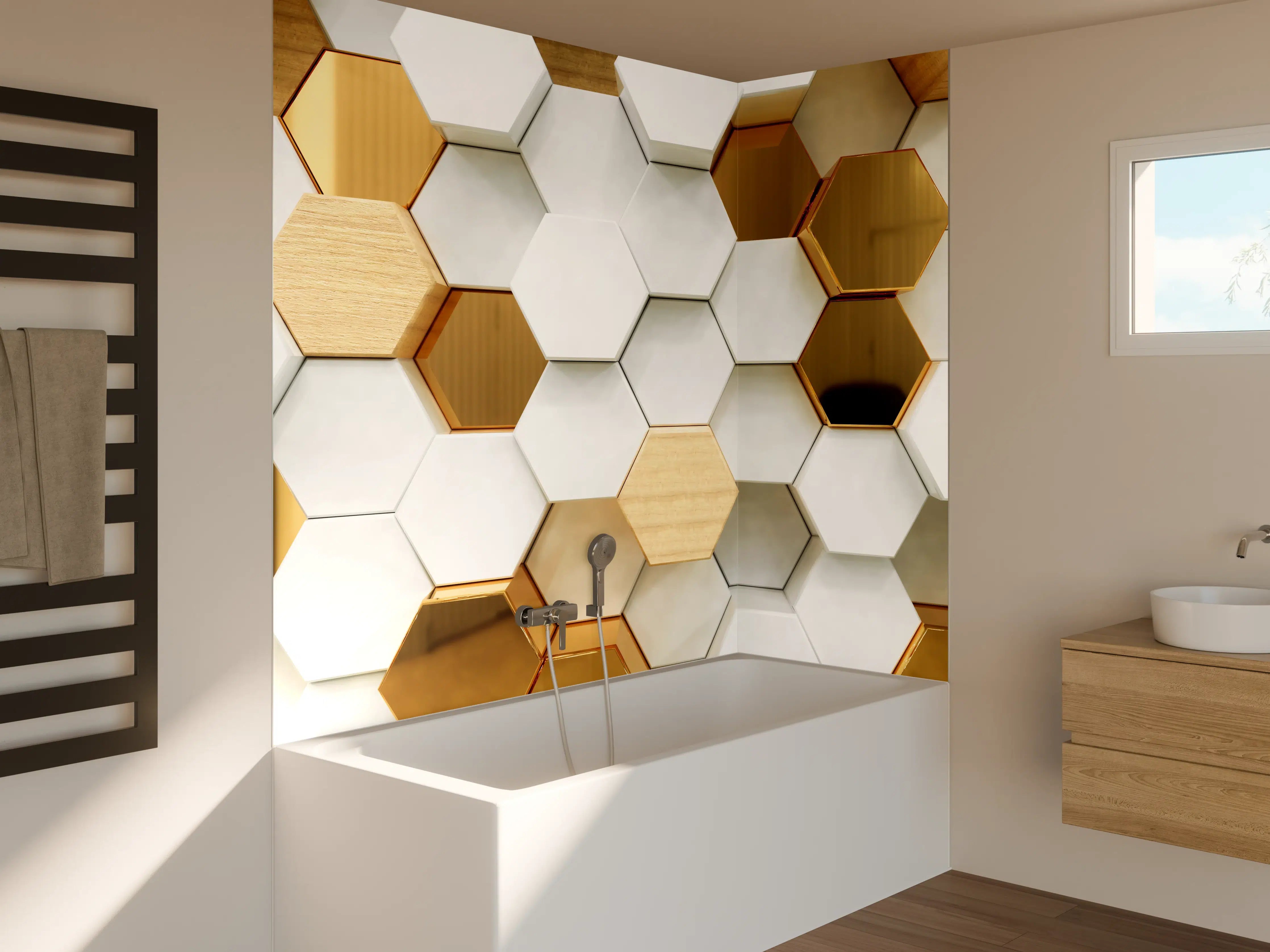 Badewannen-Rückwand - Luxuriöser Weiß-Gold-Hexagon-Hintergrund