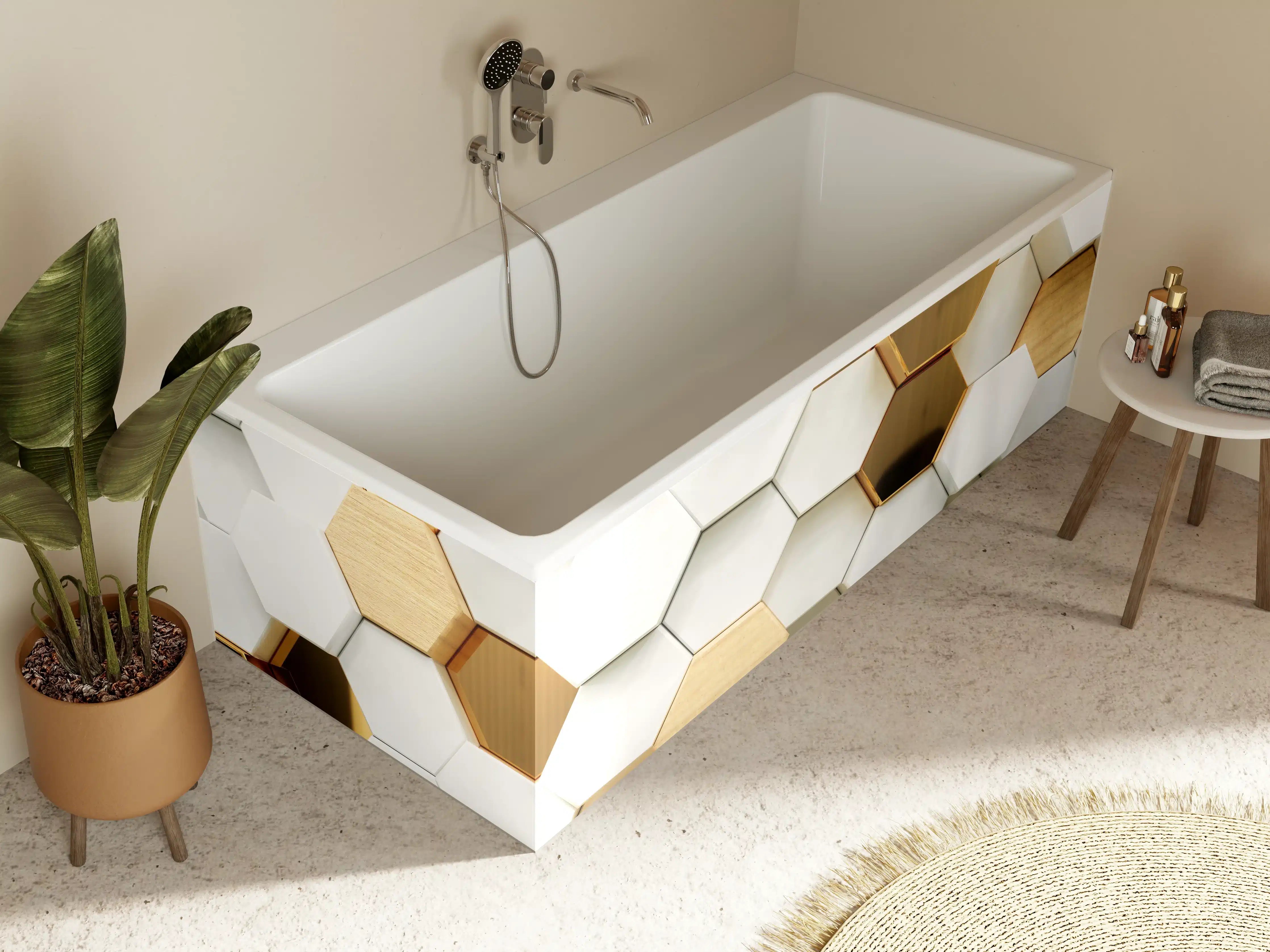 Badewannen-Rückwand - Luxuriöser Weiß-Gold-Hexagon-Hintergrund