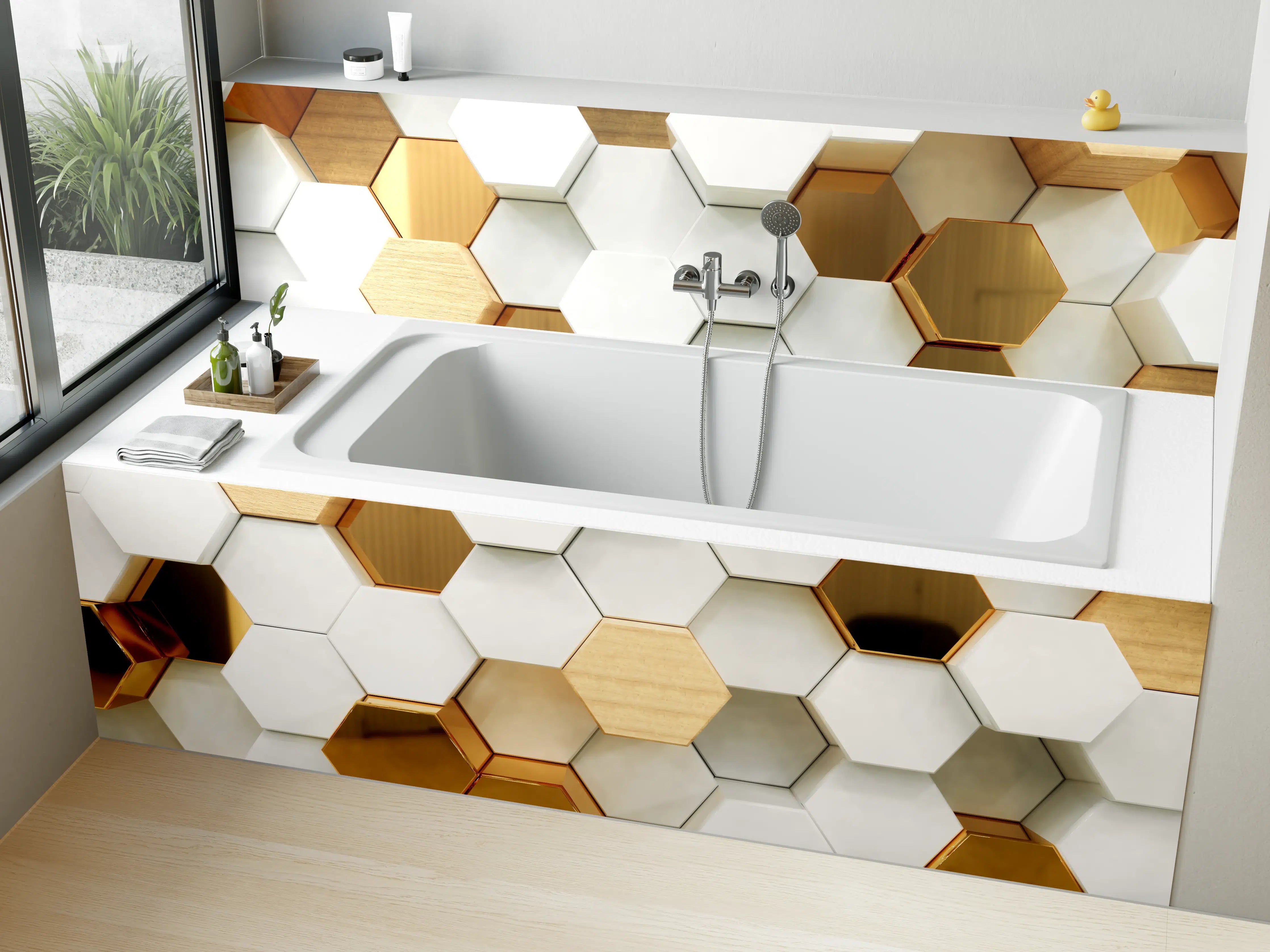 Badewannen-Rückwand - Luxuriöser Weiß-Gold-Hexagon-Hintergrund
