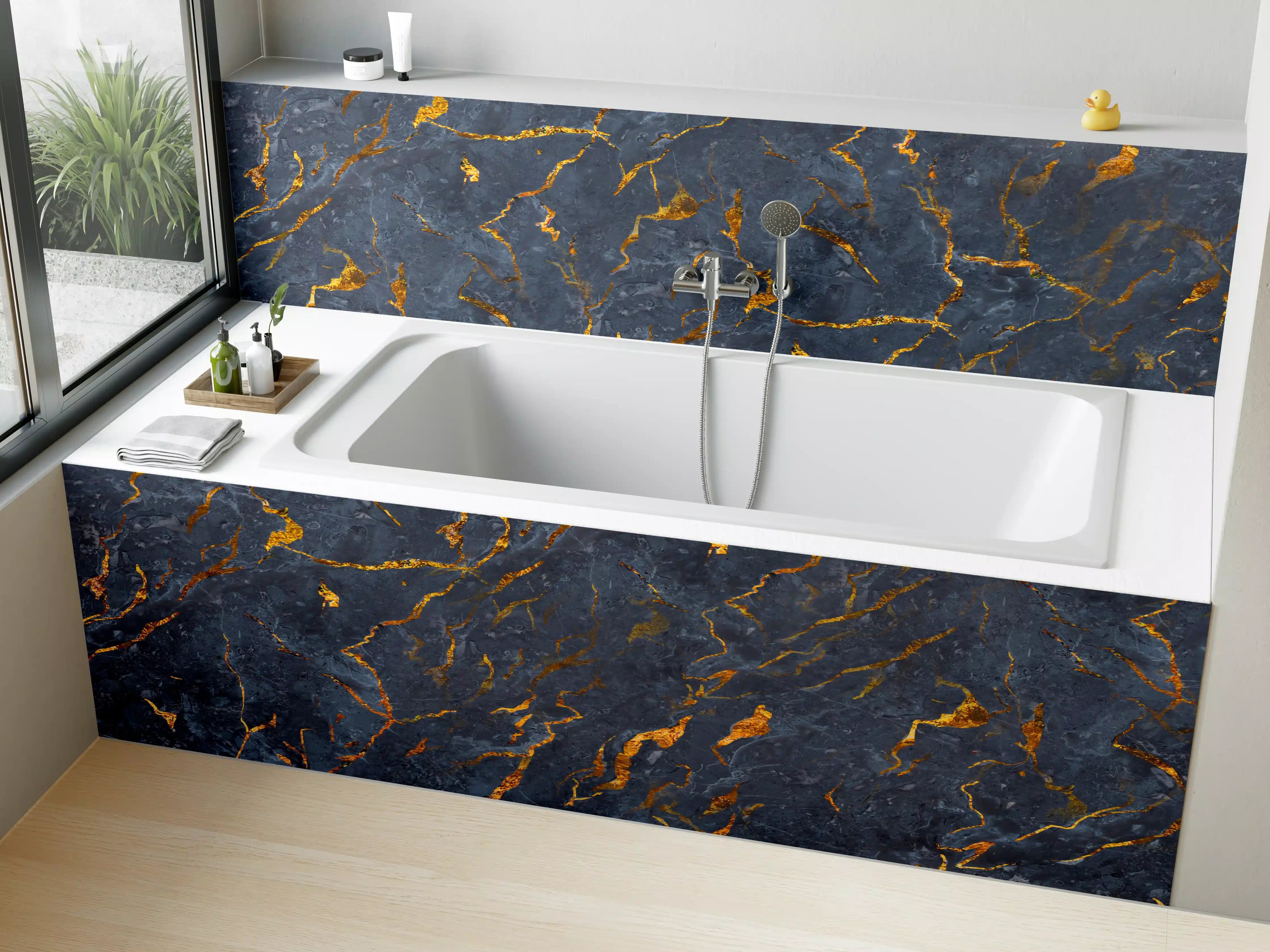 Badewannen-Rückwand - Luxus-Marmor-Optik mit dunklem Blau und Goldstreifen