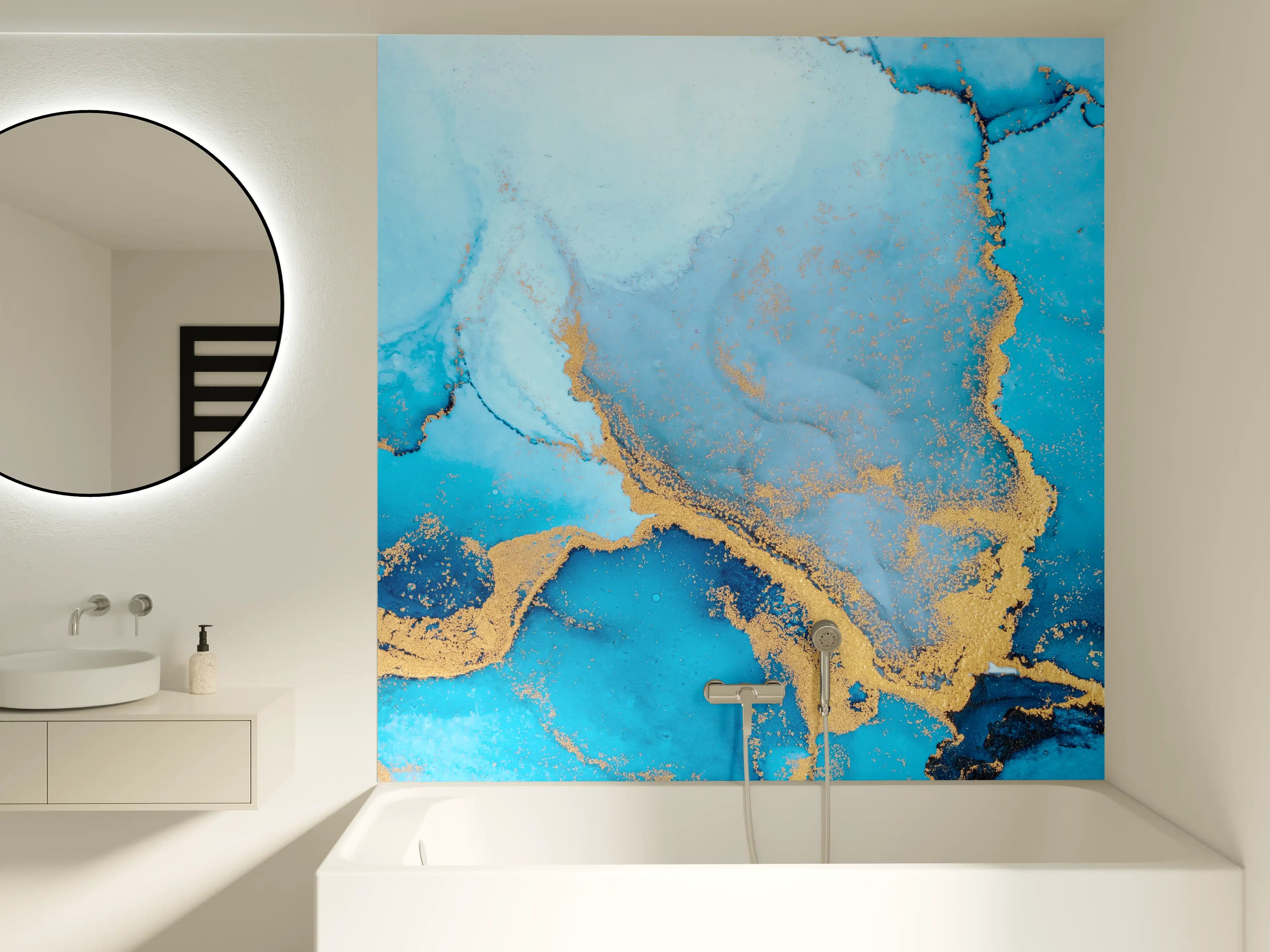 Badewannen-Rückwand - Luxus blau mit goldenem Stich - Tintenmalerei