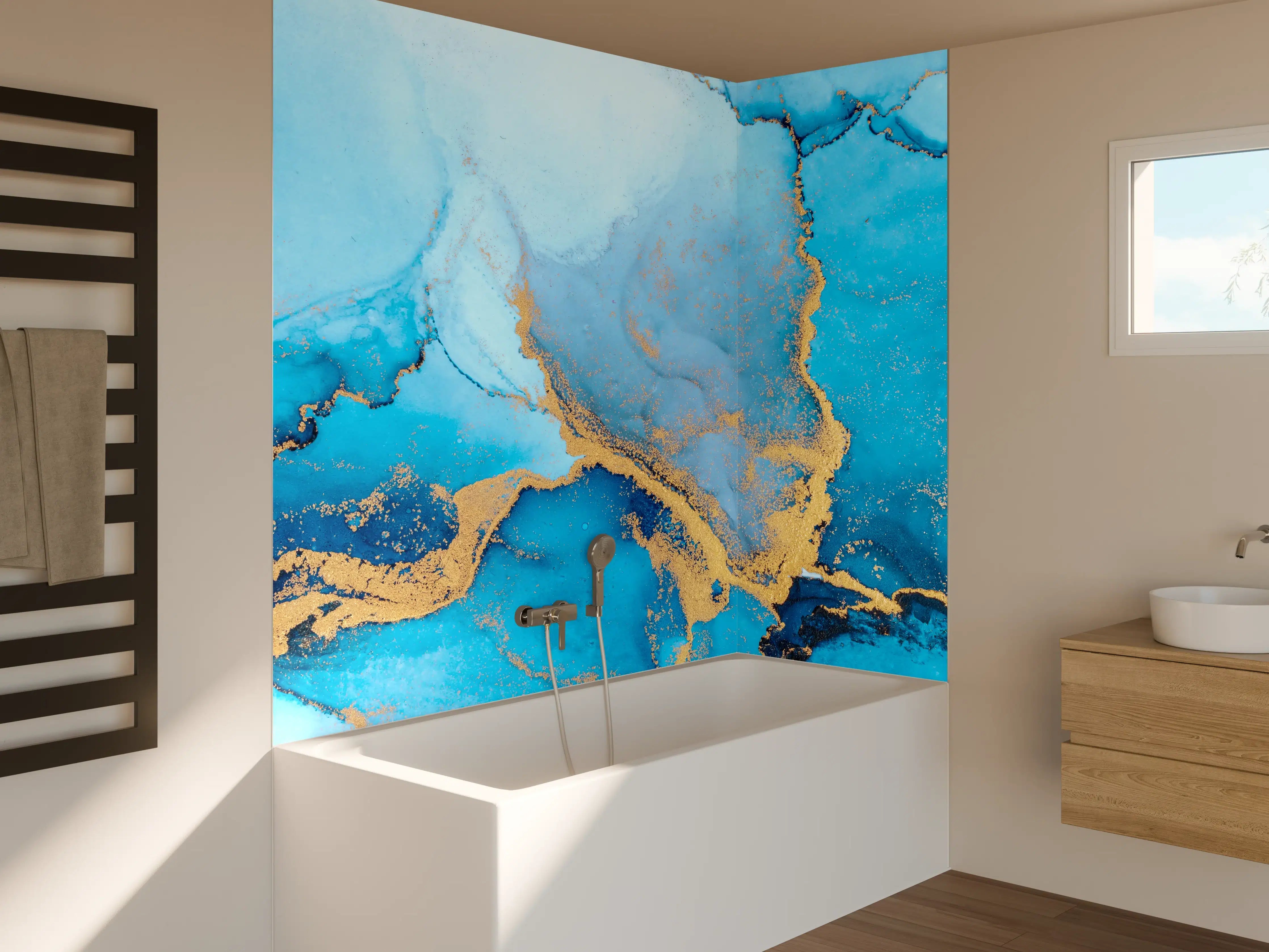 Badewannen-Rückwand - Luxus blau mit goldenem Stich - Tintenmalerei