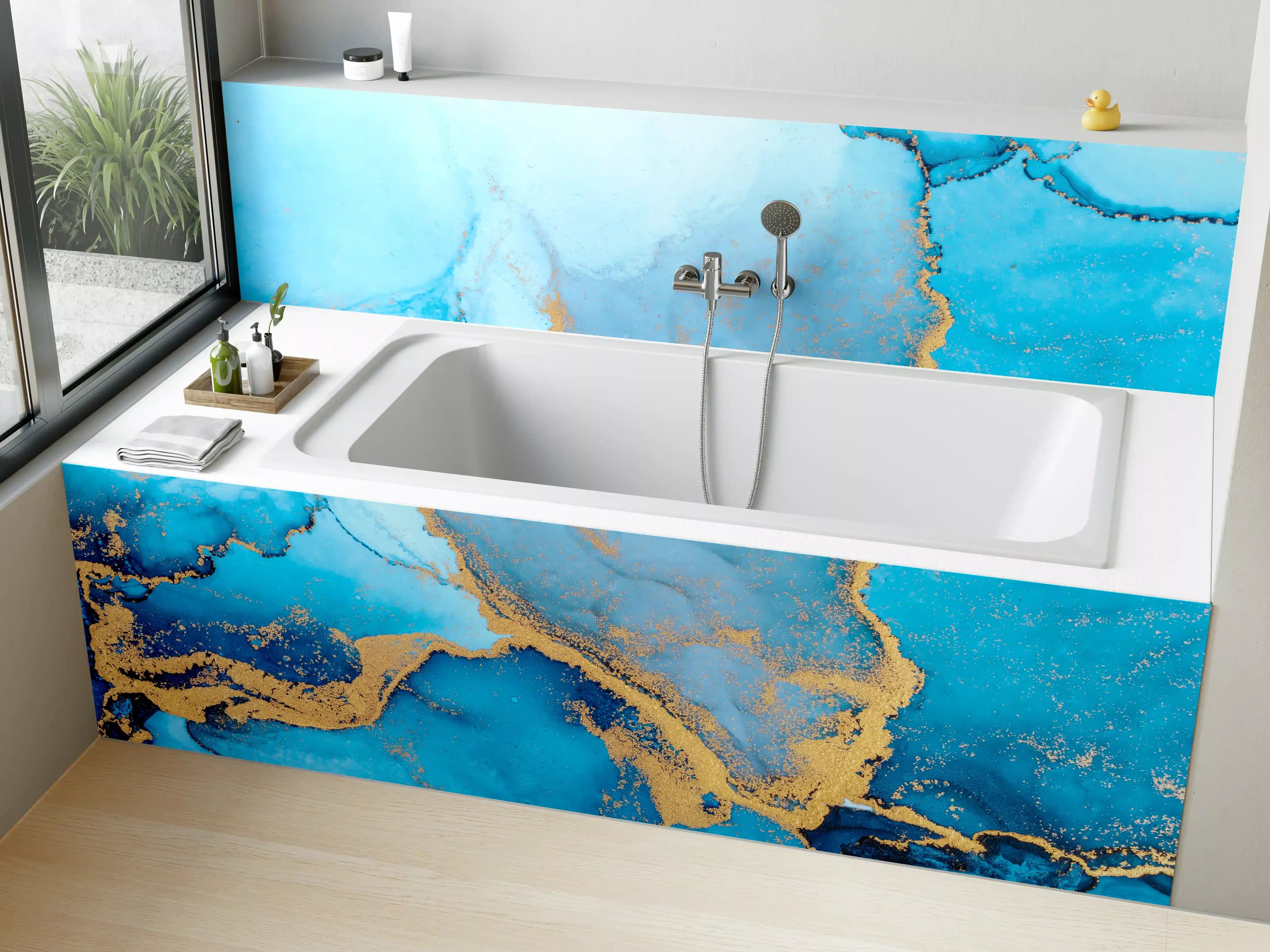 Badewannen-Rückwand - Luxus blau mit goldenem Stich - Tintenmalerei