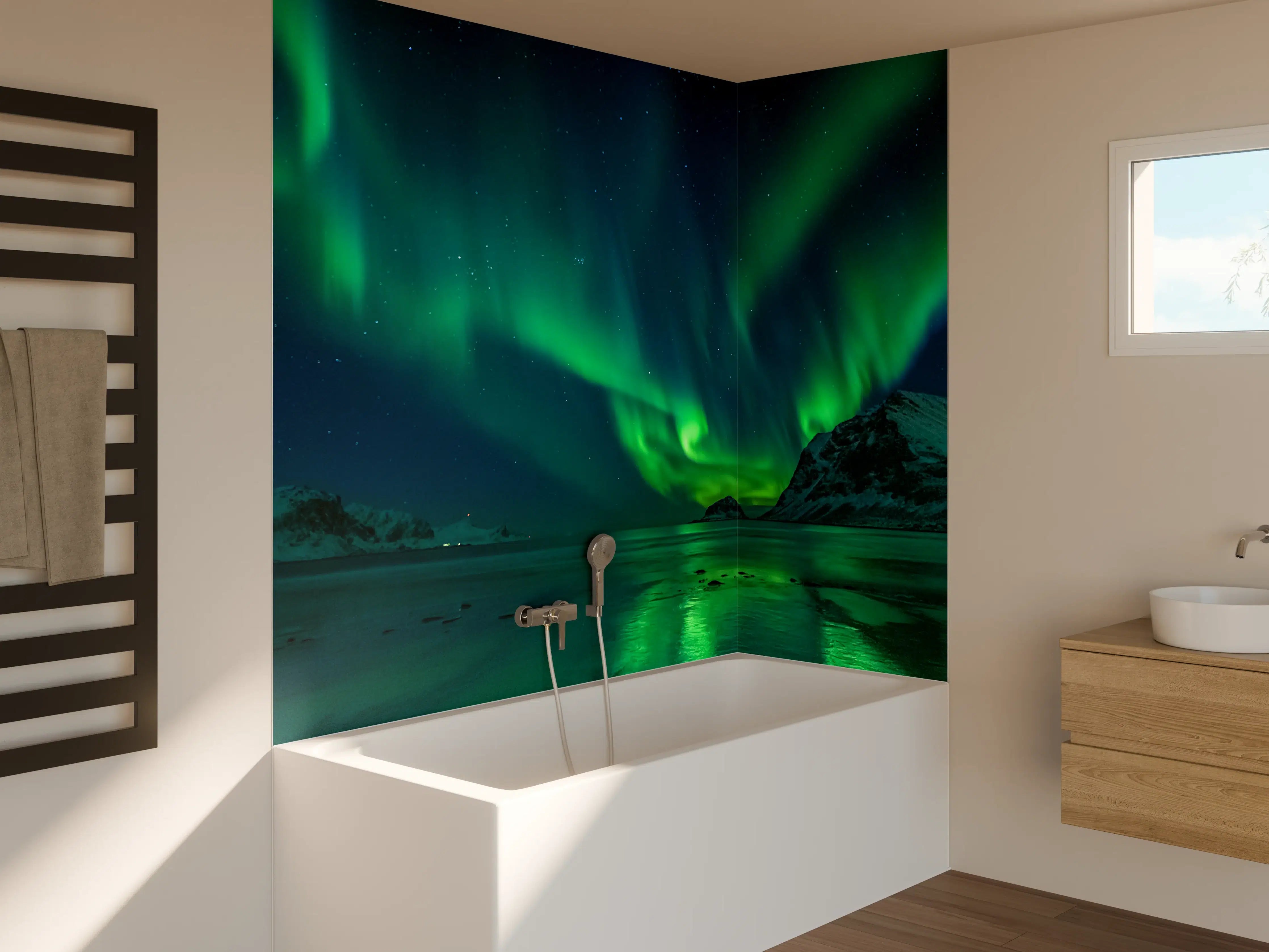 Badewannen-Rückwand - Magische Nordlichter am Strand