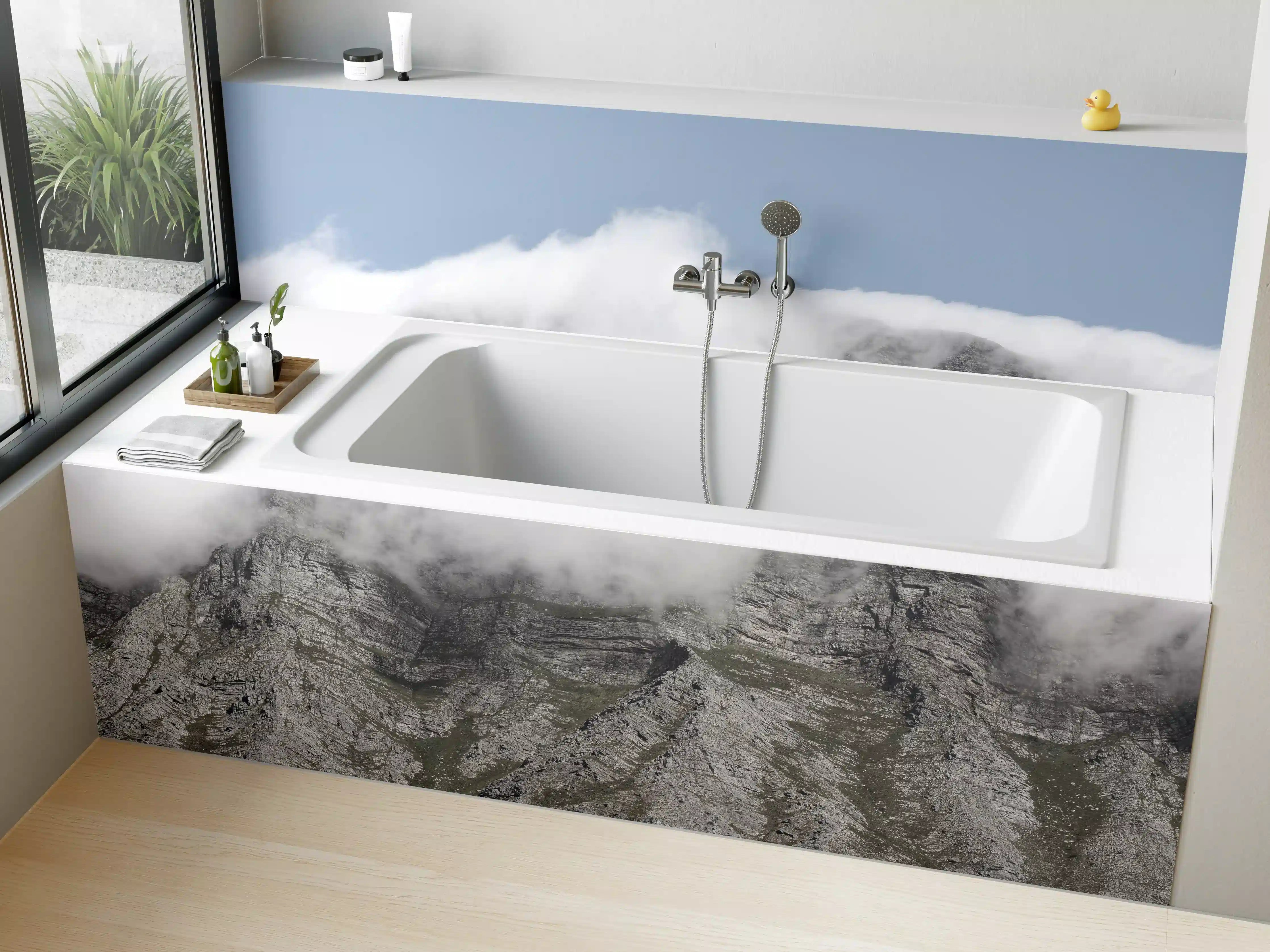 Badewannen-Rückwand - Majestätische Bergspitzen im Nebel