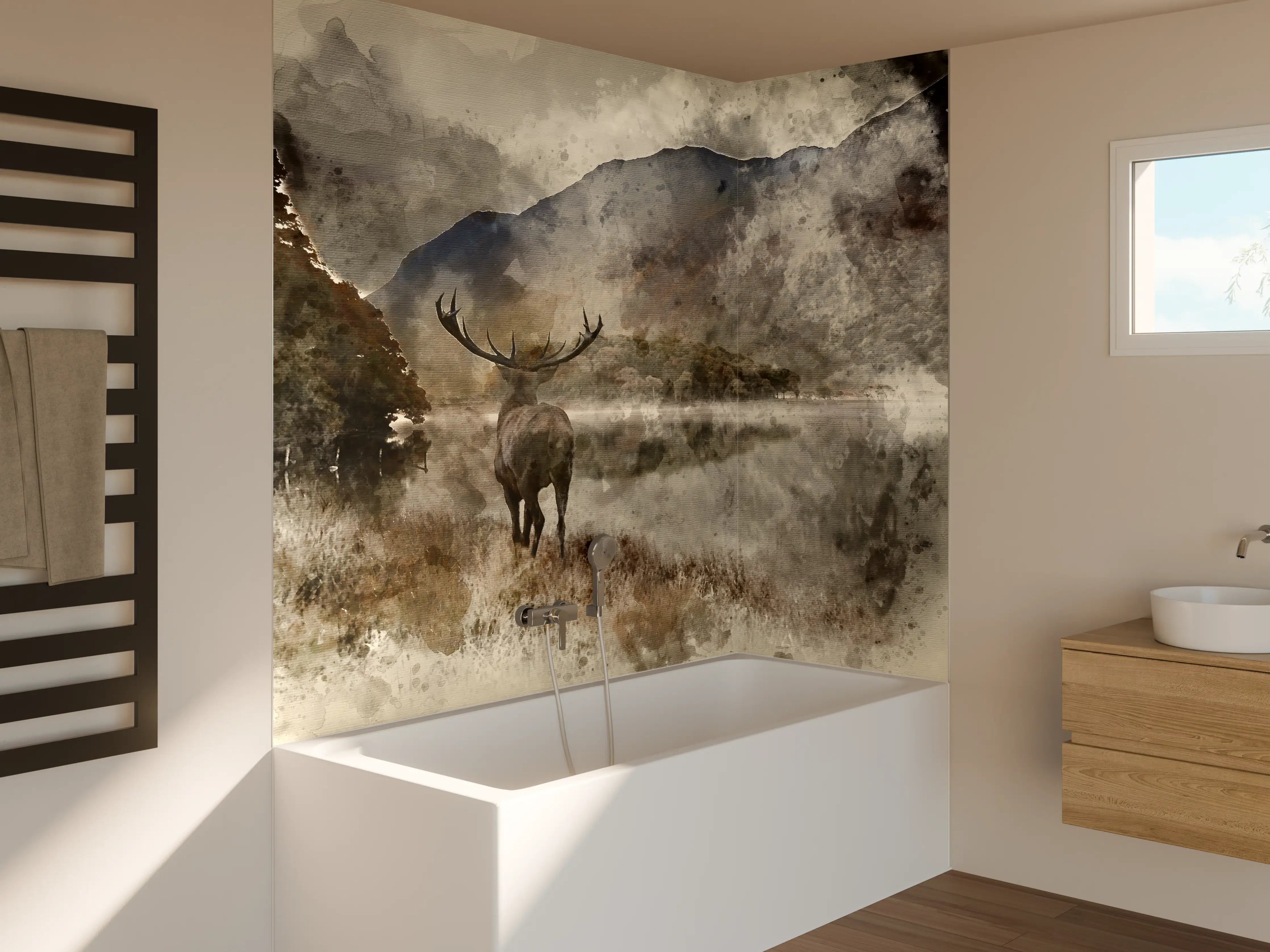 Badewannen-Rückwand - Majestätischer Hirsch in nebliger Berglandschaft