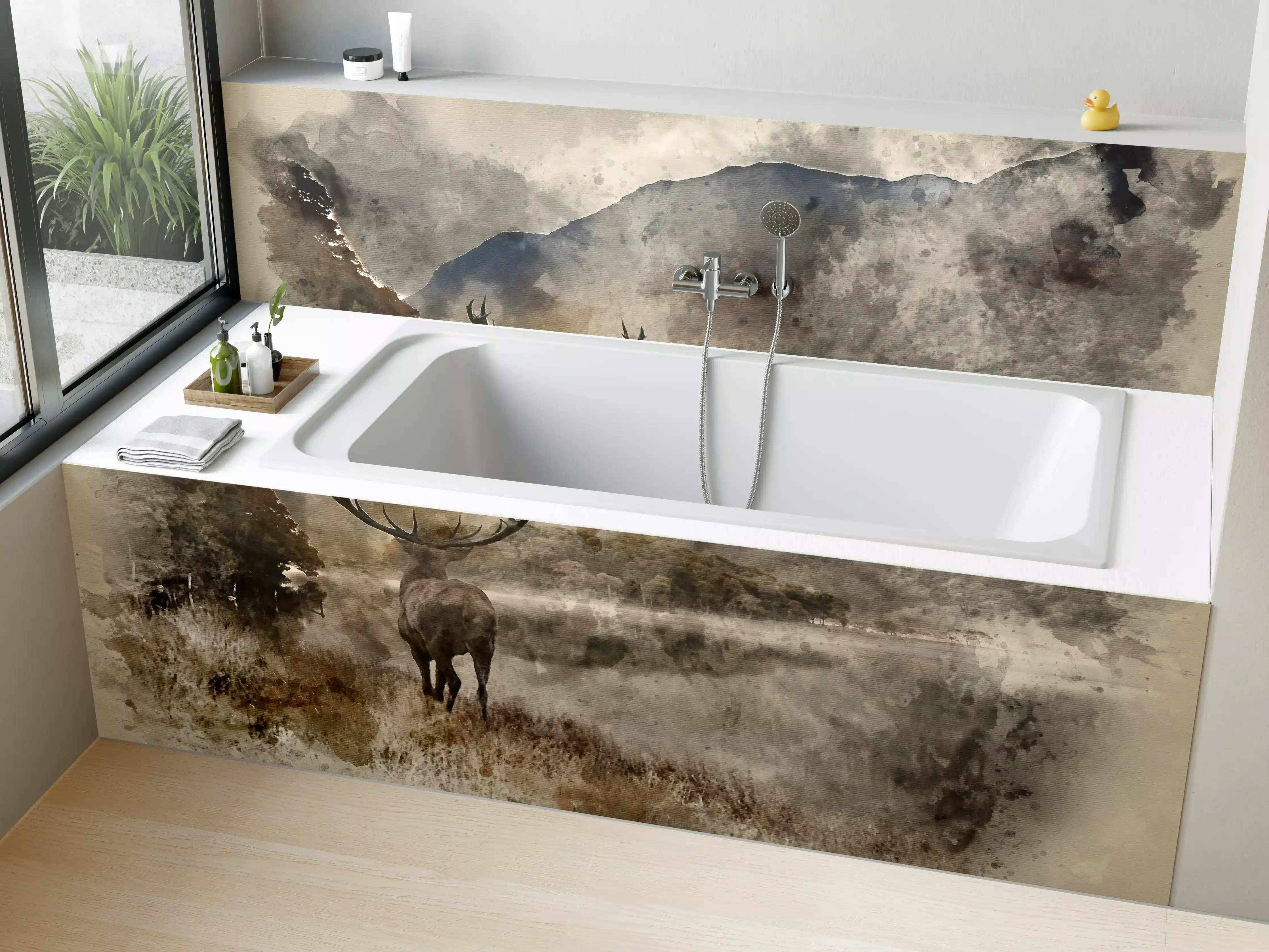 Badewannen-Rückwand - Majestätischer Hirsch in nebliger Berglandschaft