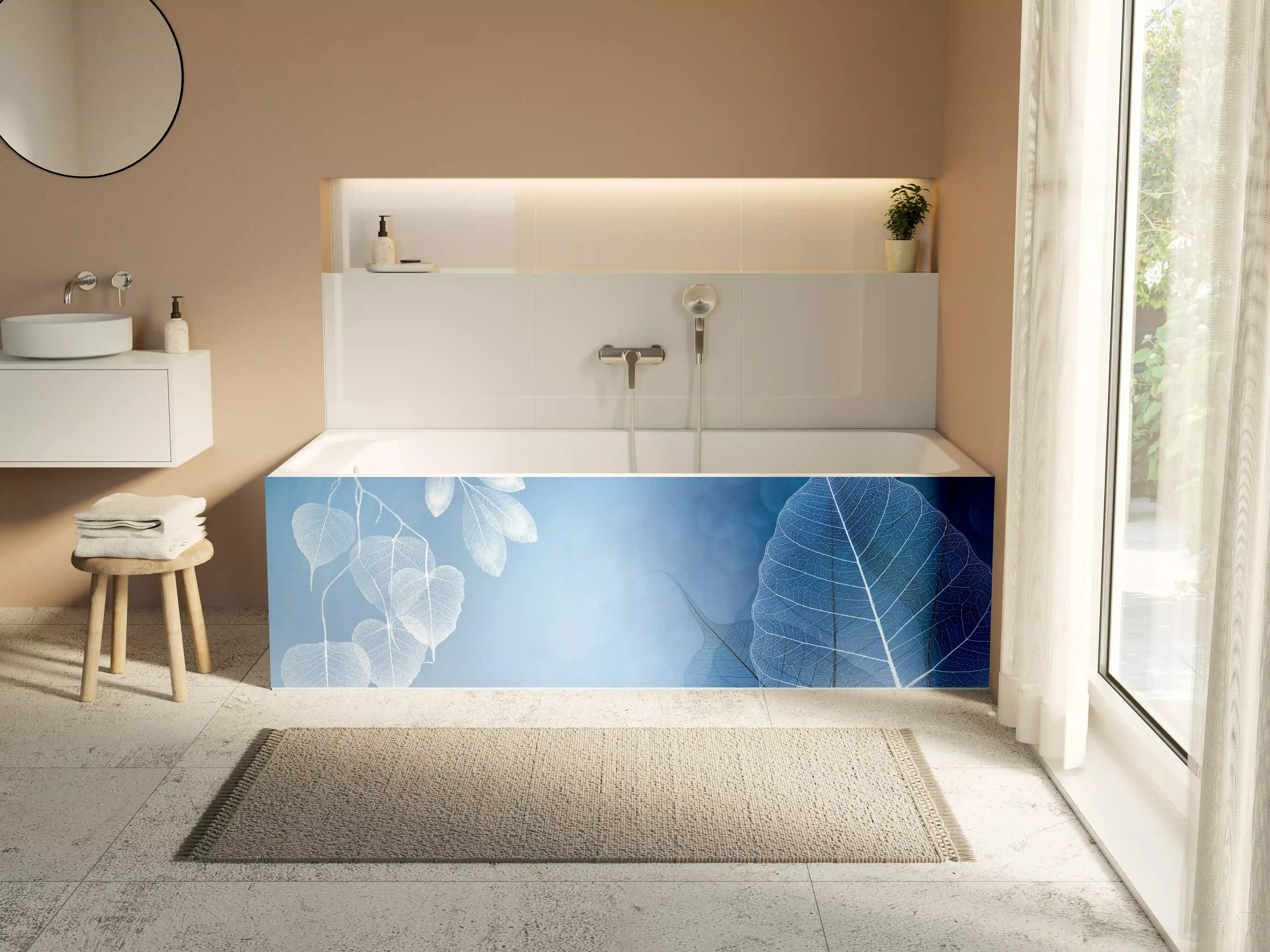 Badewannen-Rückwand - Makro Blätter Blau-Grau Kunst