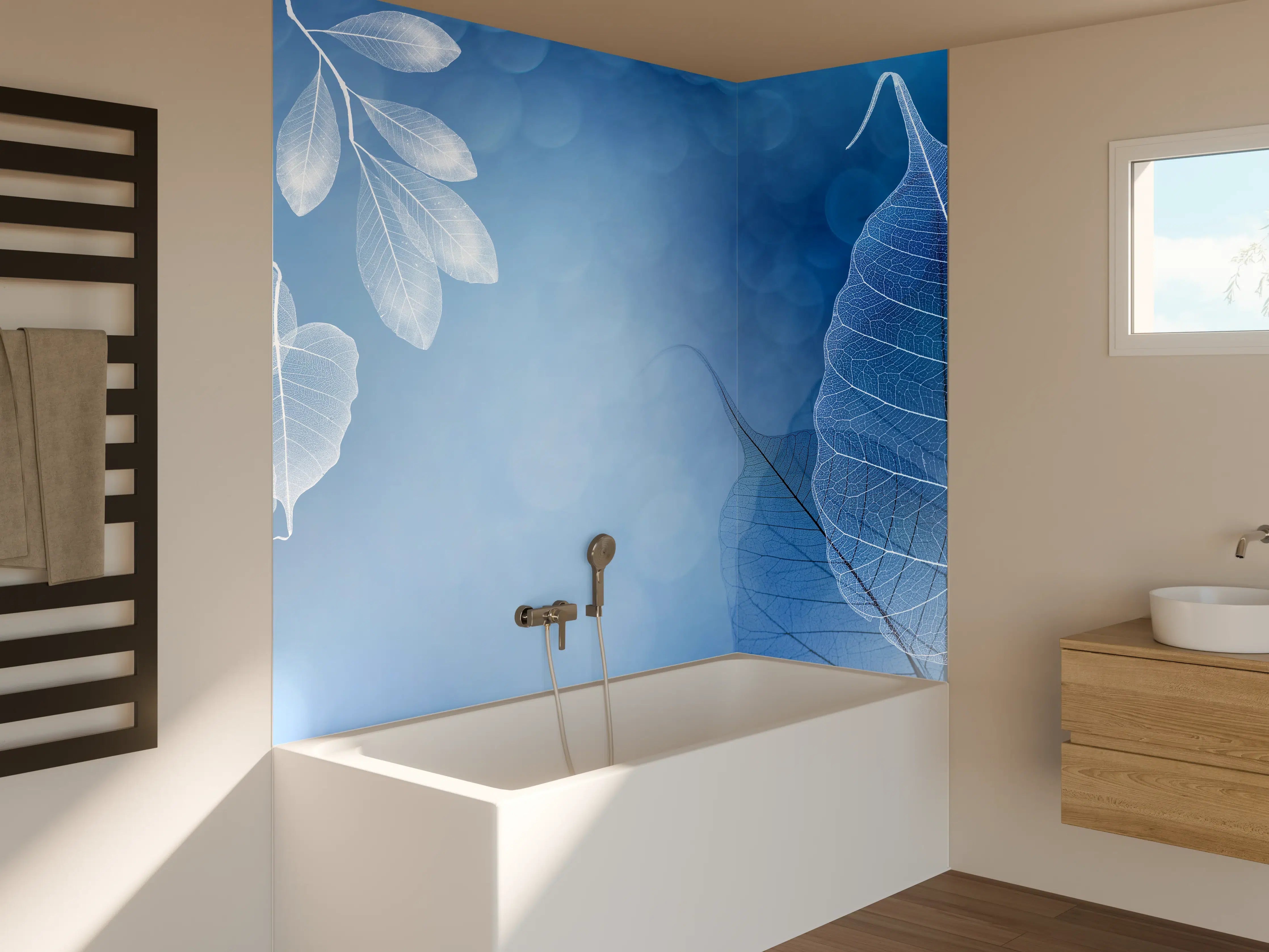 Badewannen-Rückwand - Makro Blätter Blau-Grau Kunst