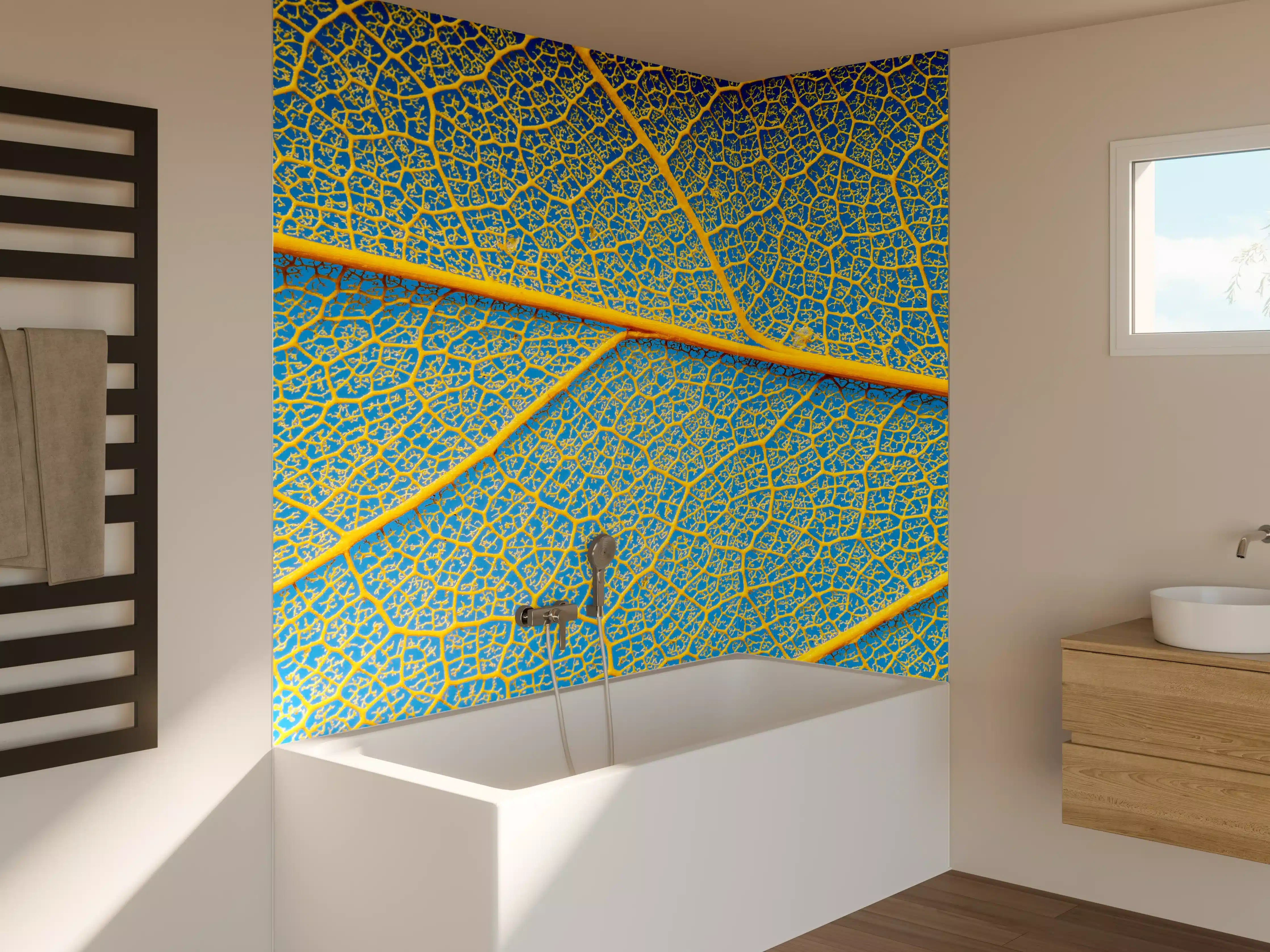 Badewannen-Rückwand - Makro Blattadern Textur Gelb-Blau