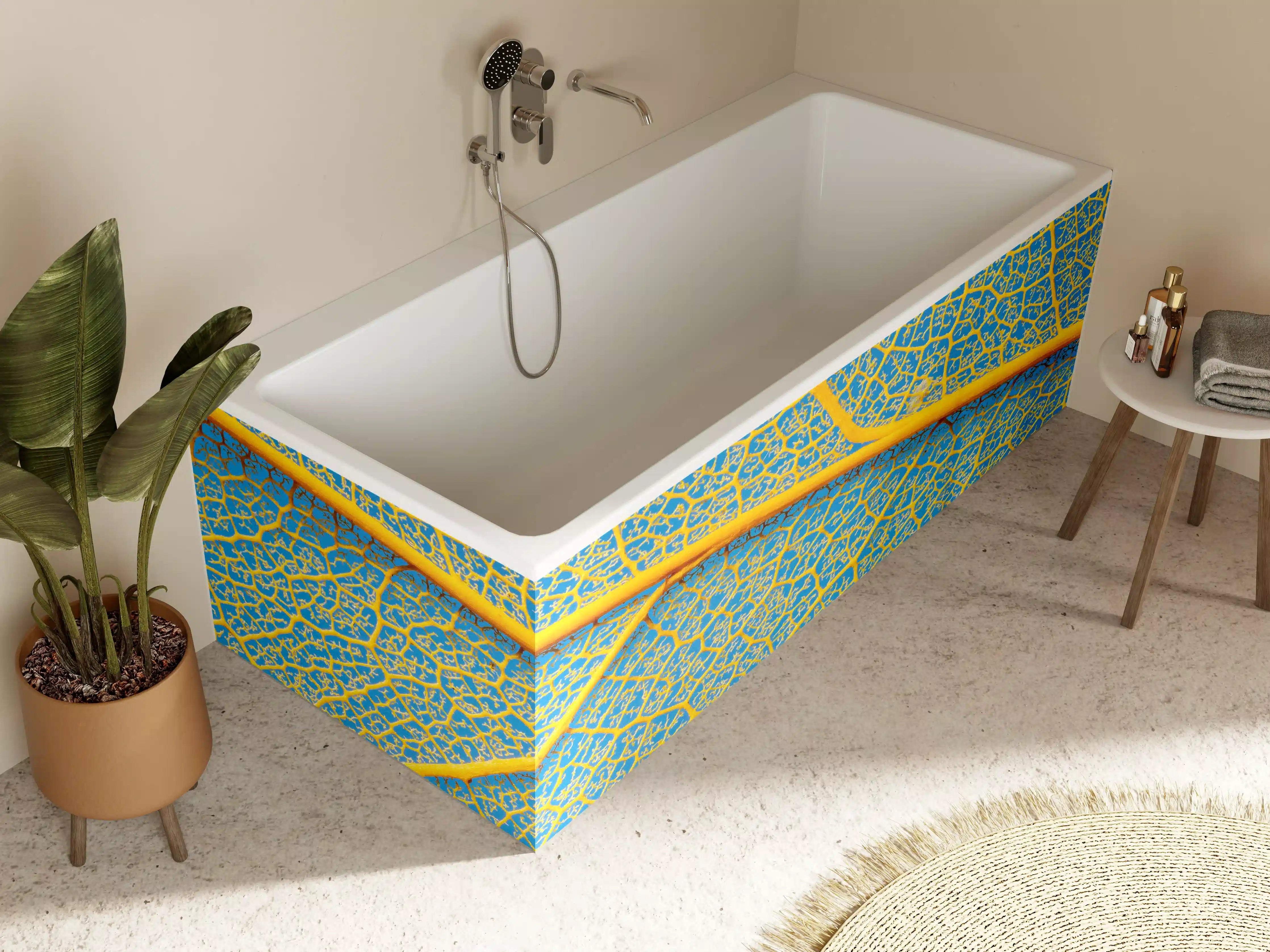 Badewannen-Rückwand - Makro Blattadern Textur Gelb-Blau