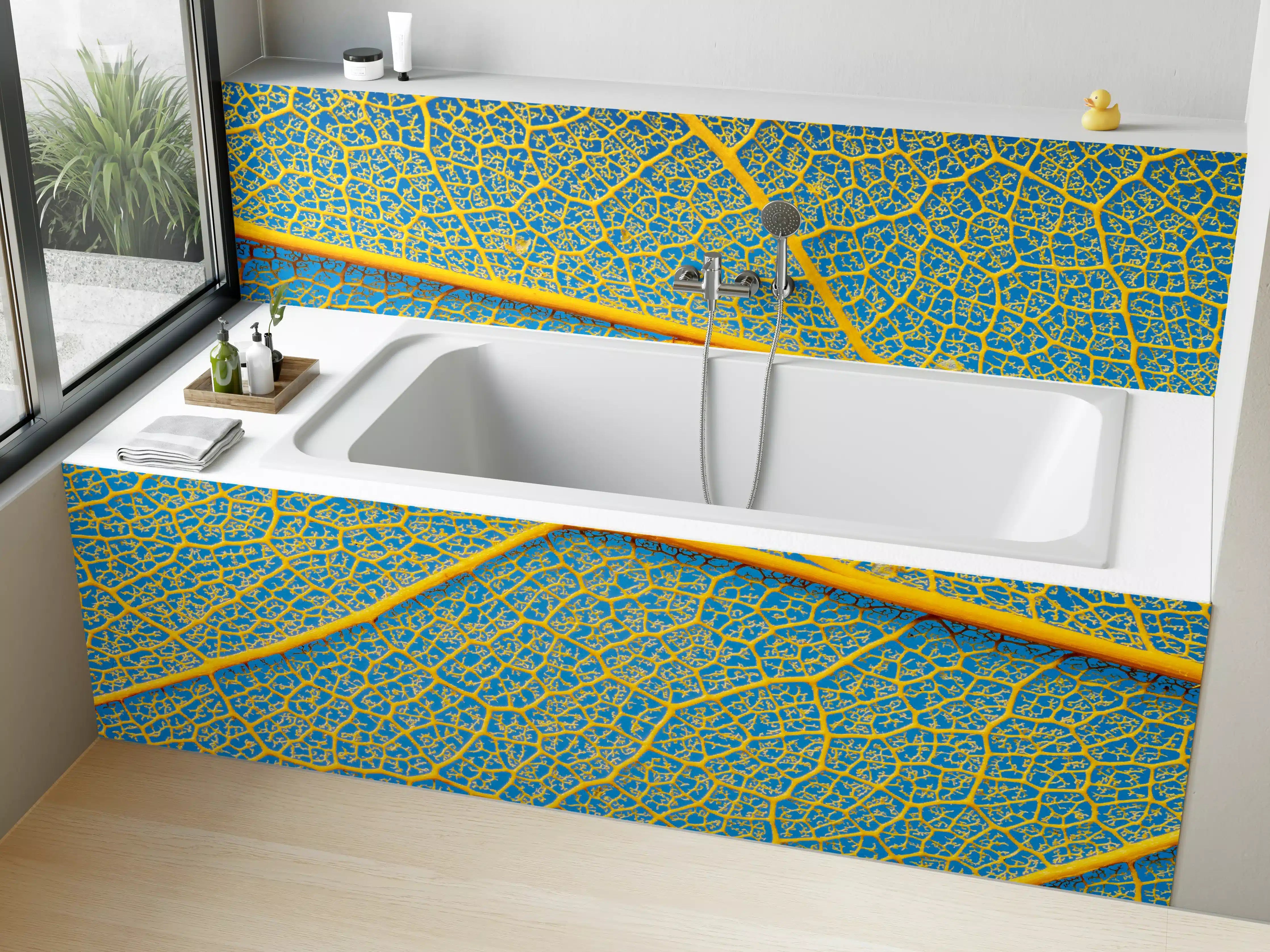 Badewannen-Rückwand - Makro Blattadern Textur Gelb-Blau