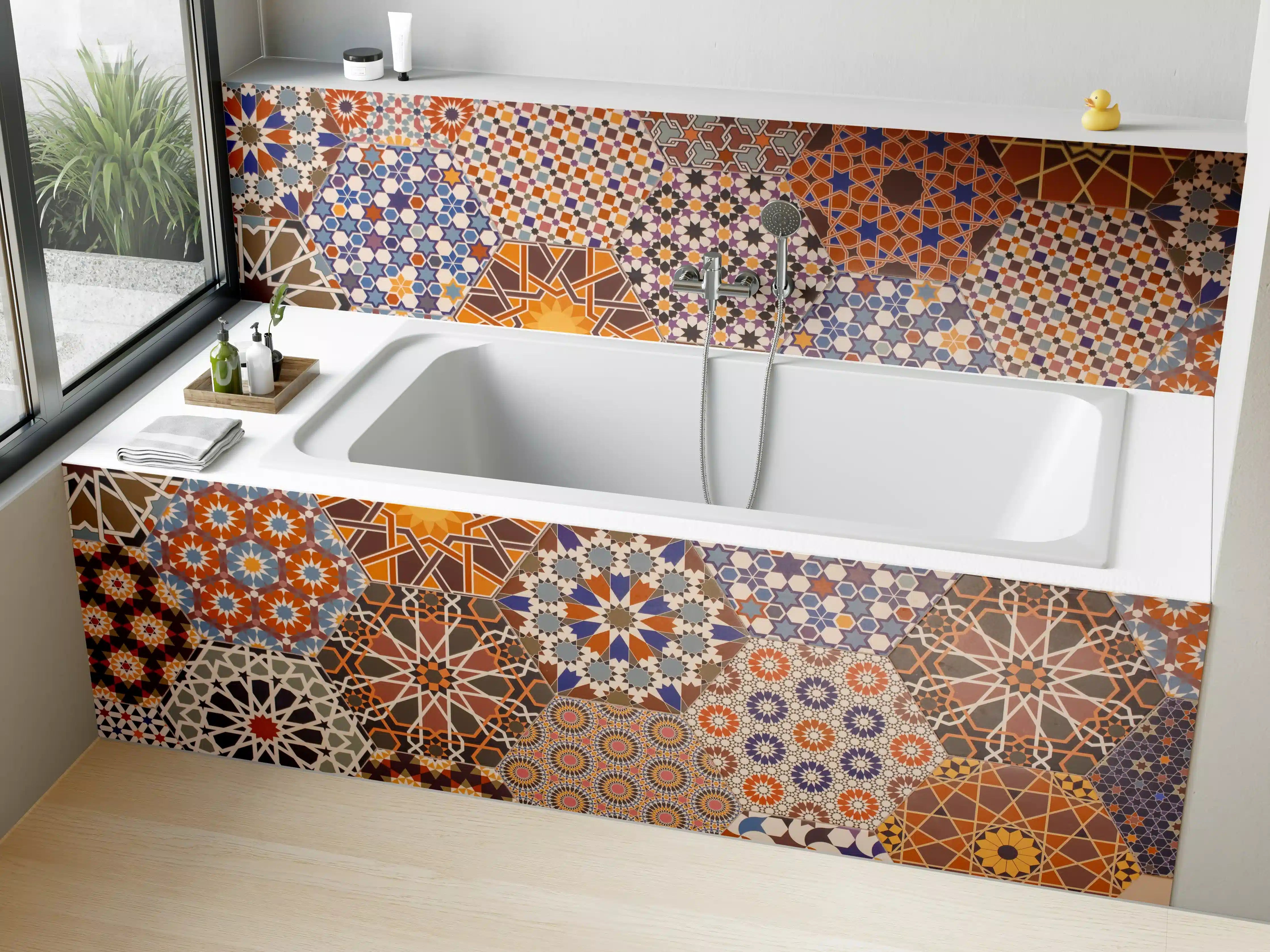 Badewannen-Rückwand - Mandala-inspirierte Mosaikfliesen