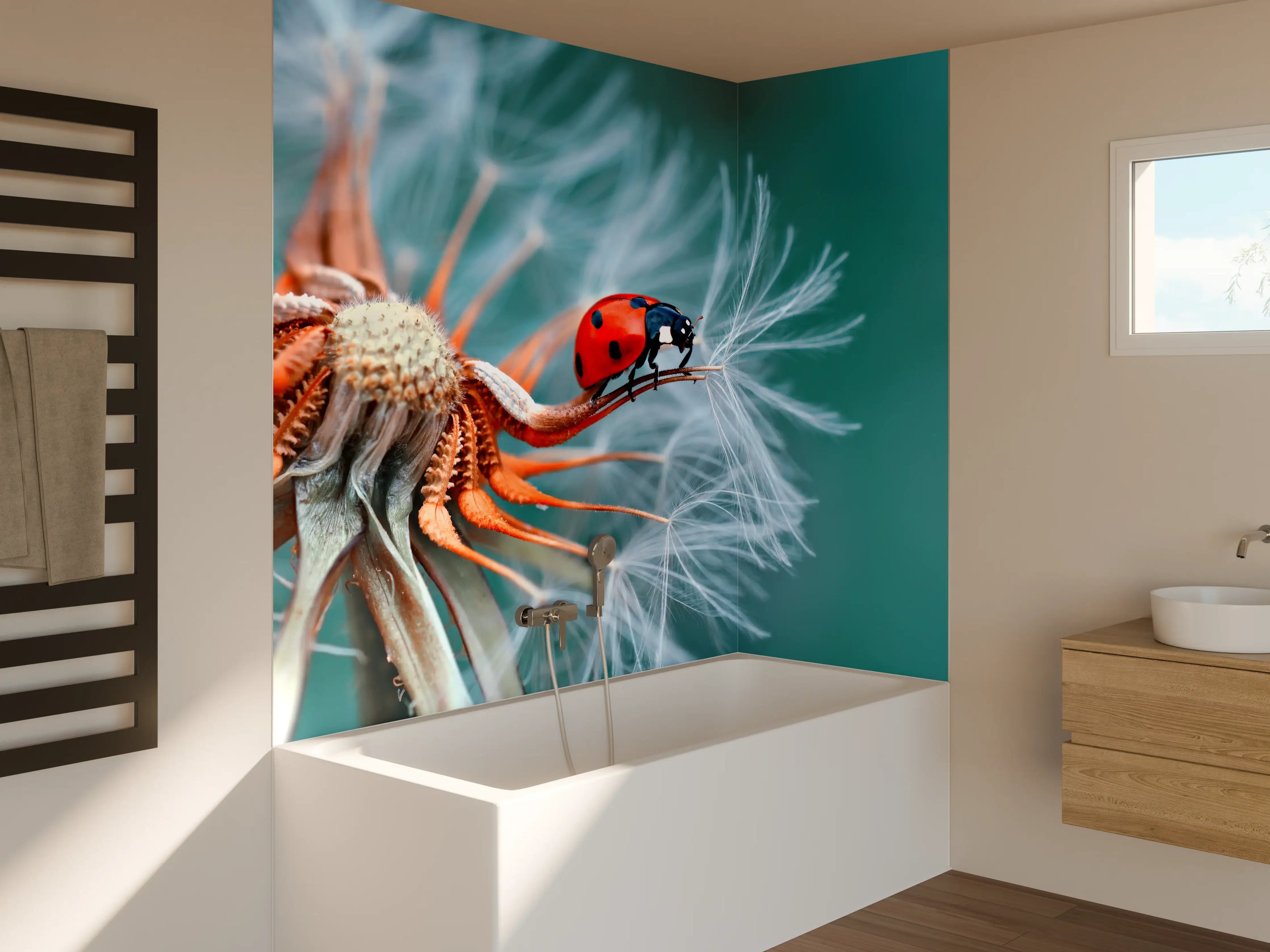 Badewannen-Rückwand - Marienkäfer auf Pusteblume