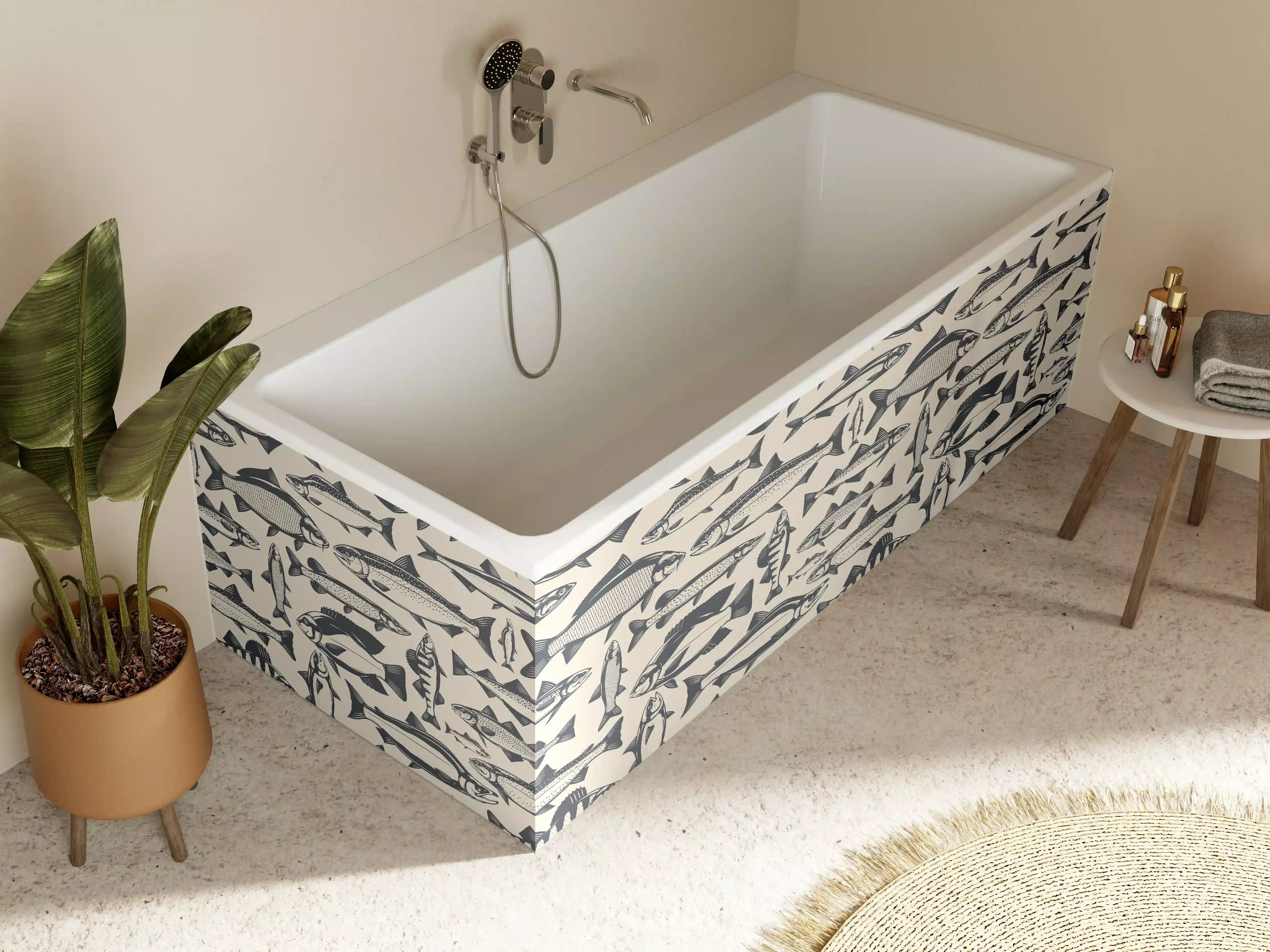Badewannen-Rückwand - Maritimes Fischmuster Beige-Blau