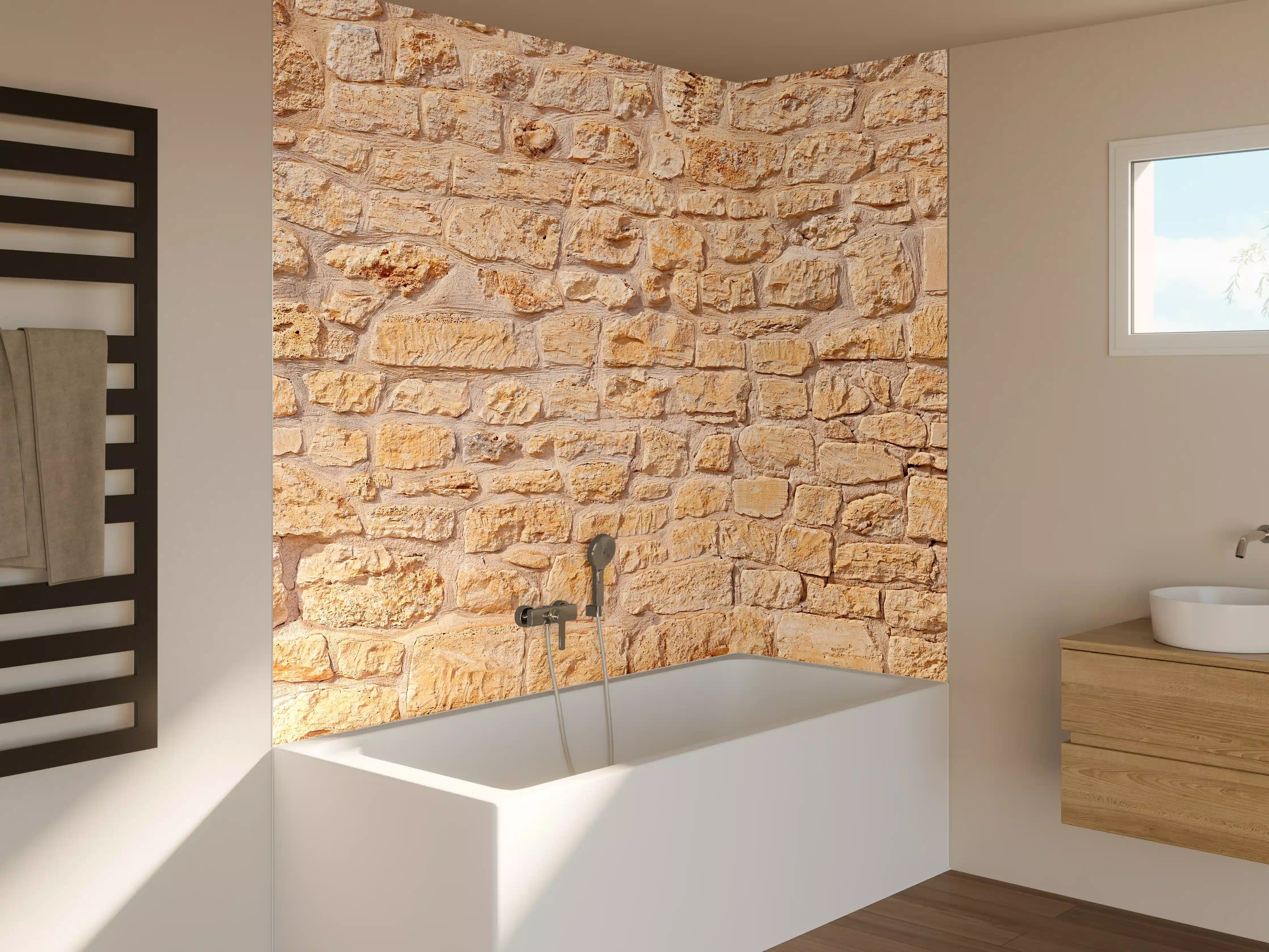 Badewannen-Rückwand - Massive braune Steinfassade