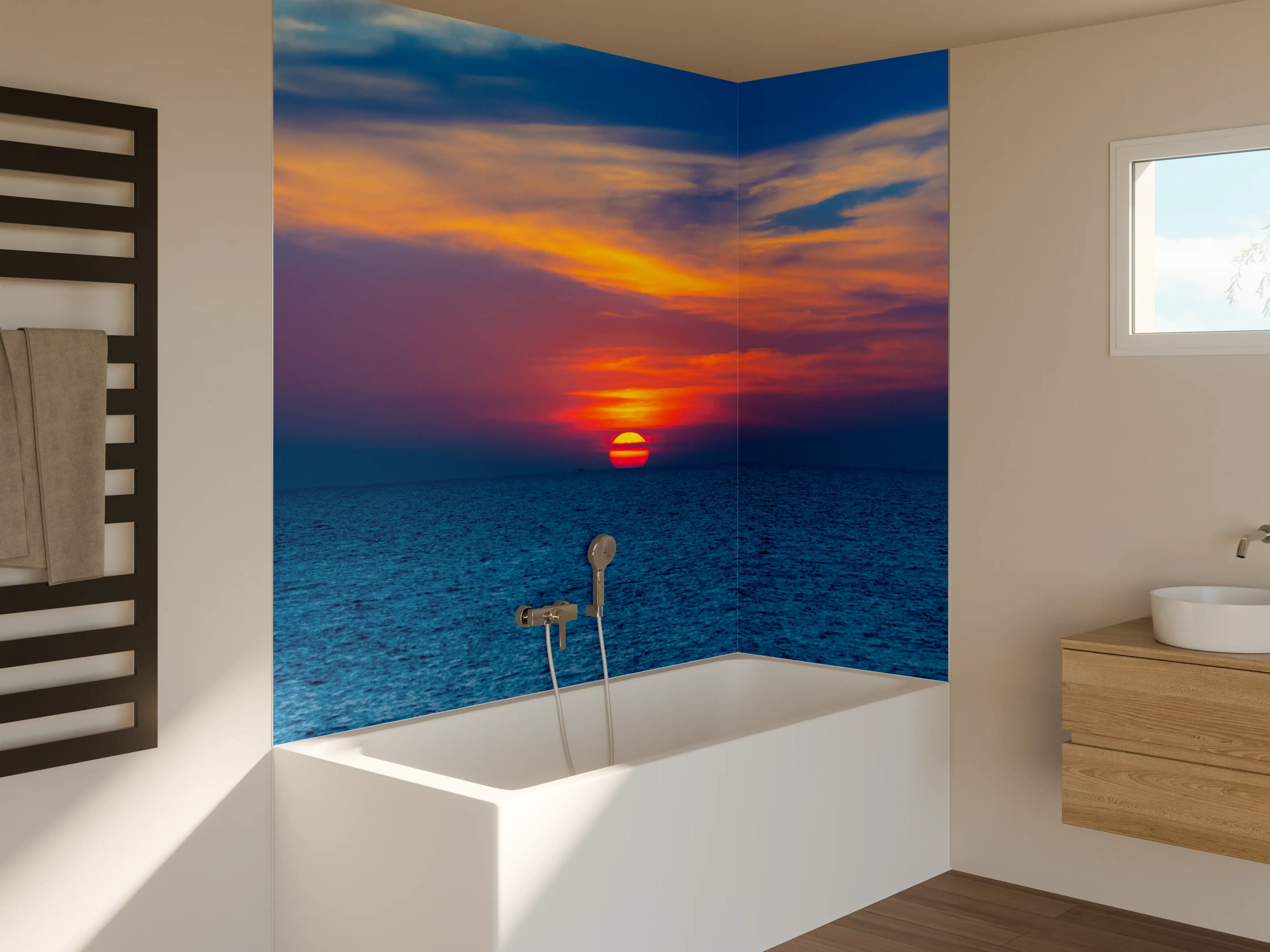 Badewannen-Rückwand - Meer-Sonnenuntergang Blau-Orange