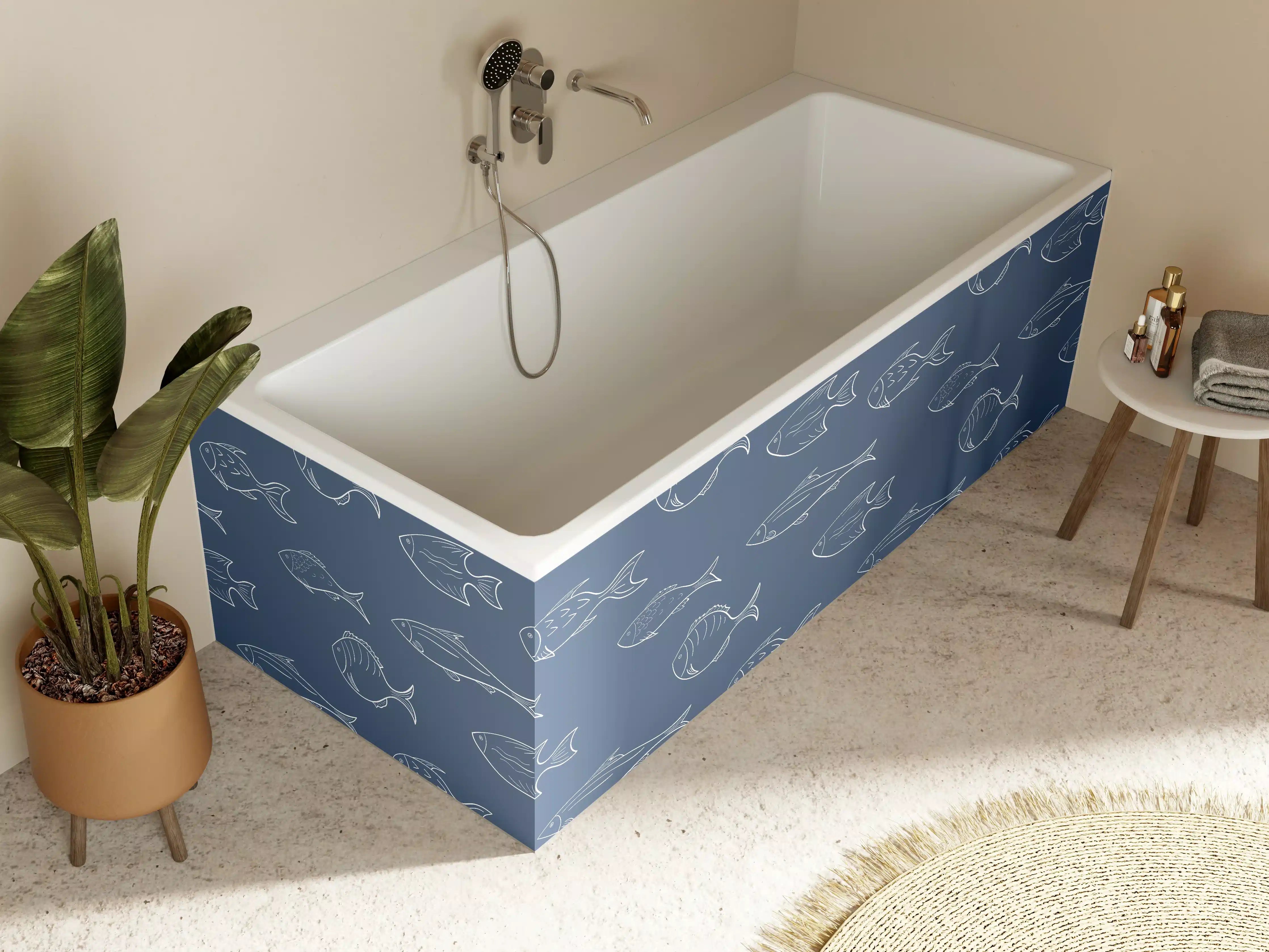 Badewannen-Rückwand - Minimal Fischmuster Blau