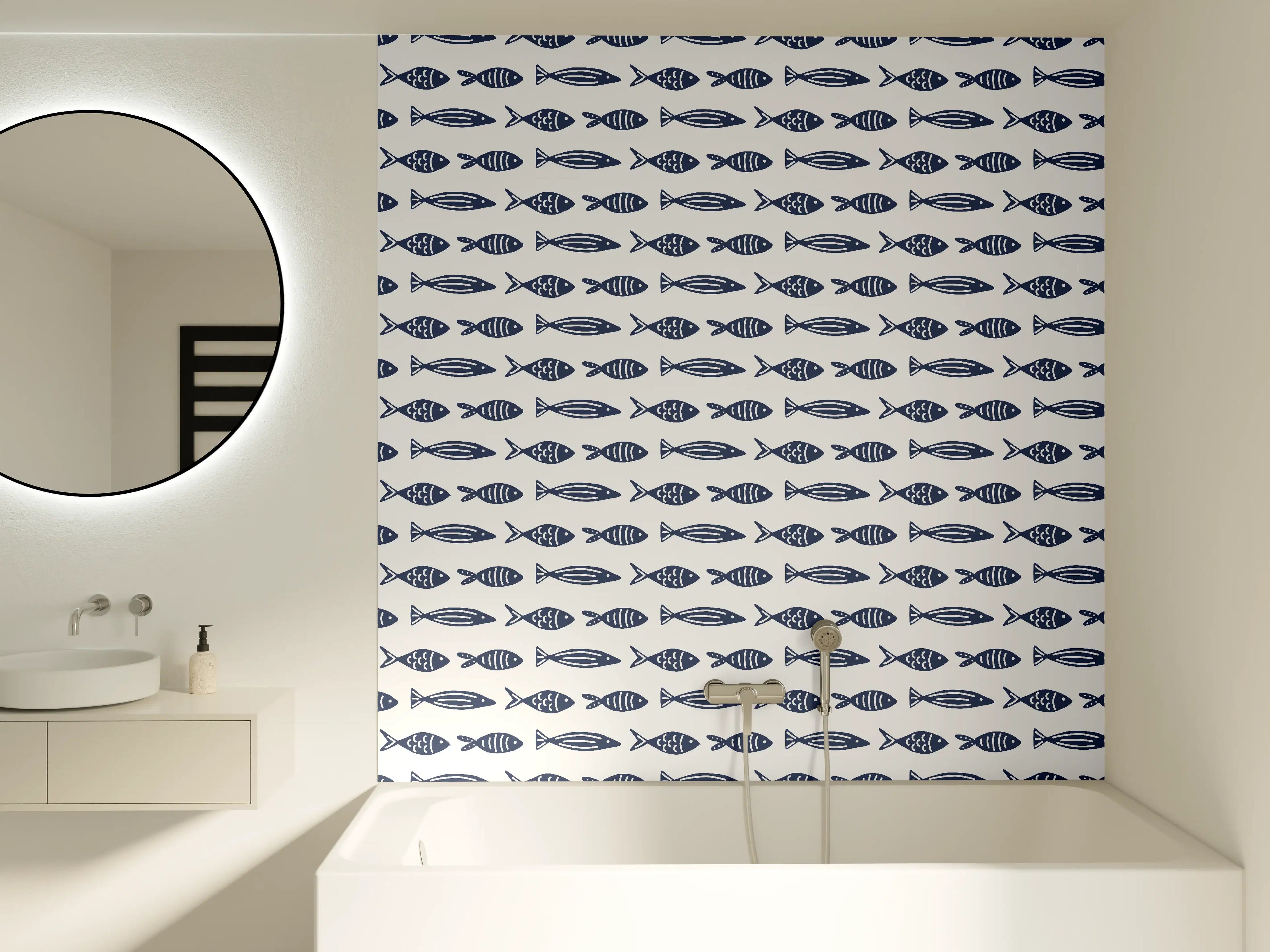 Badewannen-Rückwand - Minimalistische Fische Blau-Weiß