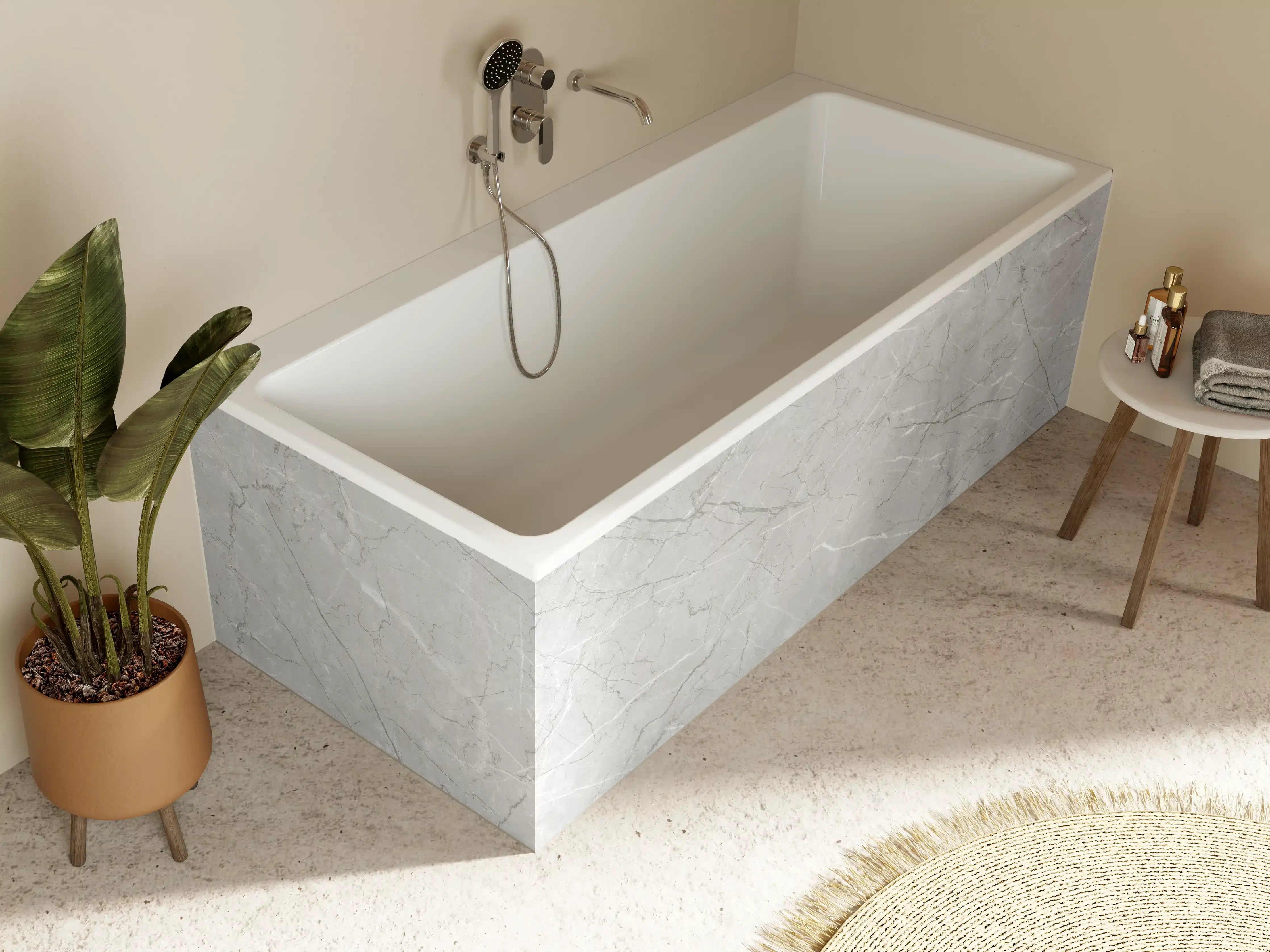 Badewannen-Rückwand - Minimalistische Marmorfläche in Weiß und Grau