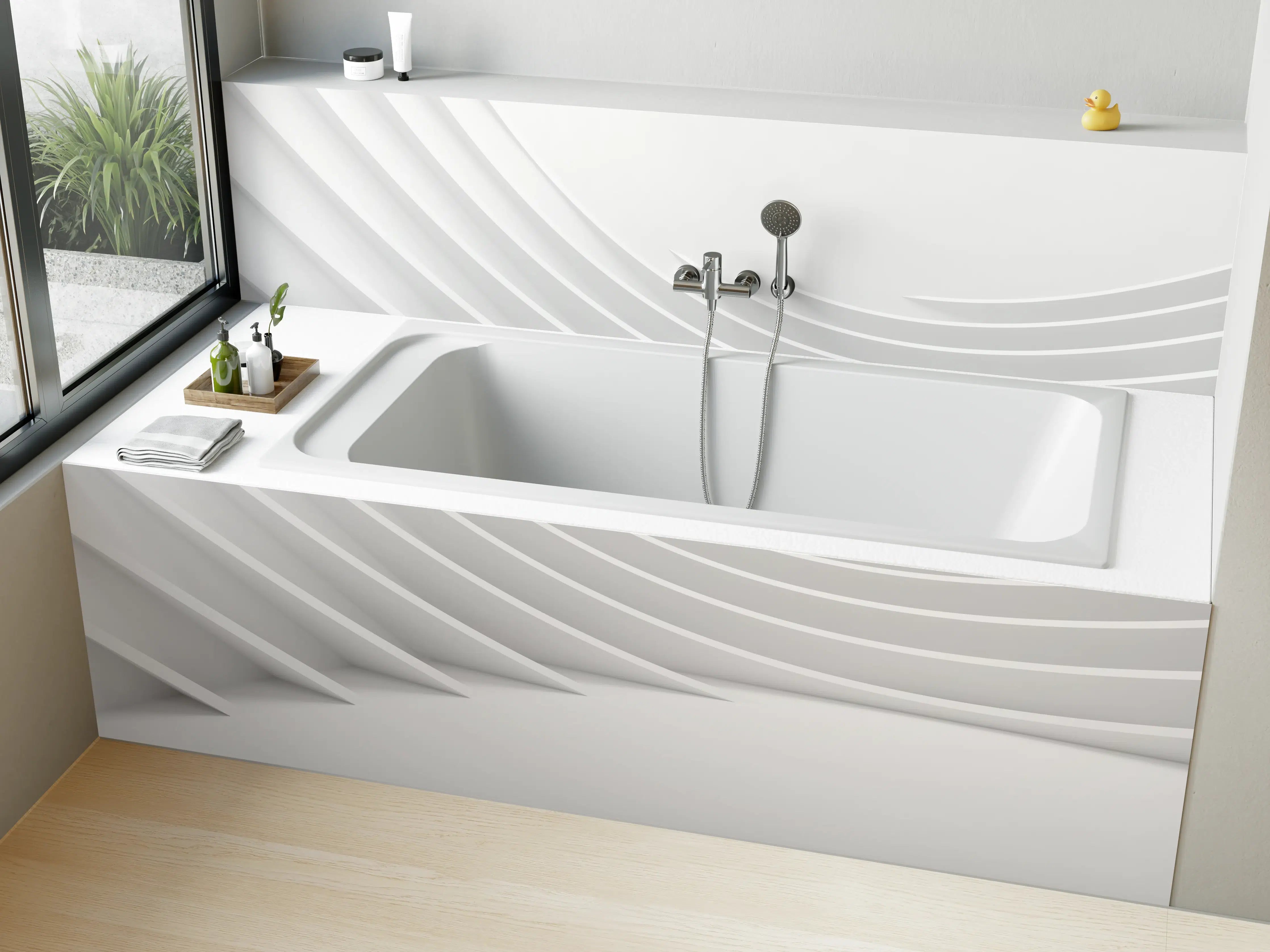 Badewannen-Rückwand - Minimalistische Weiß-Grau Welle